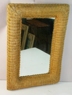 French Hand-Woven Wicker Wall Mirror, Rounded Corners, 1970s Design