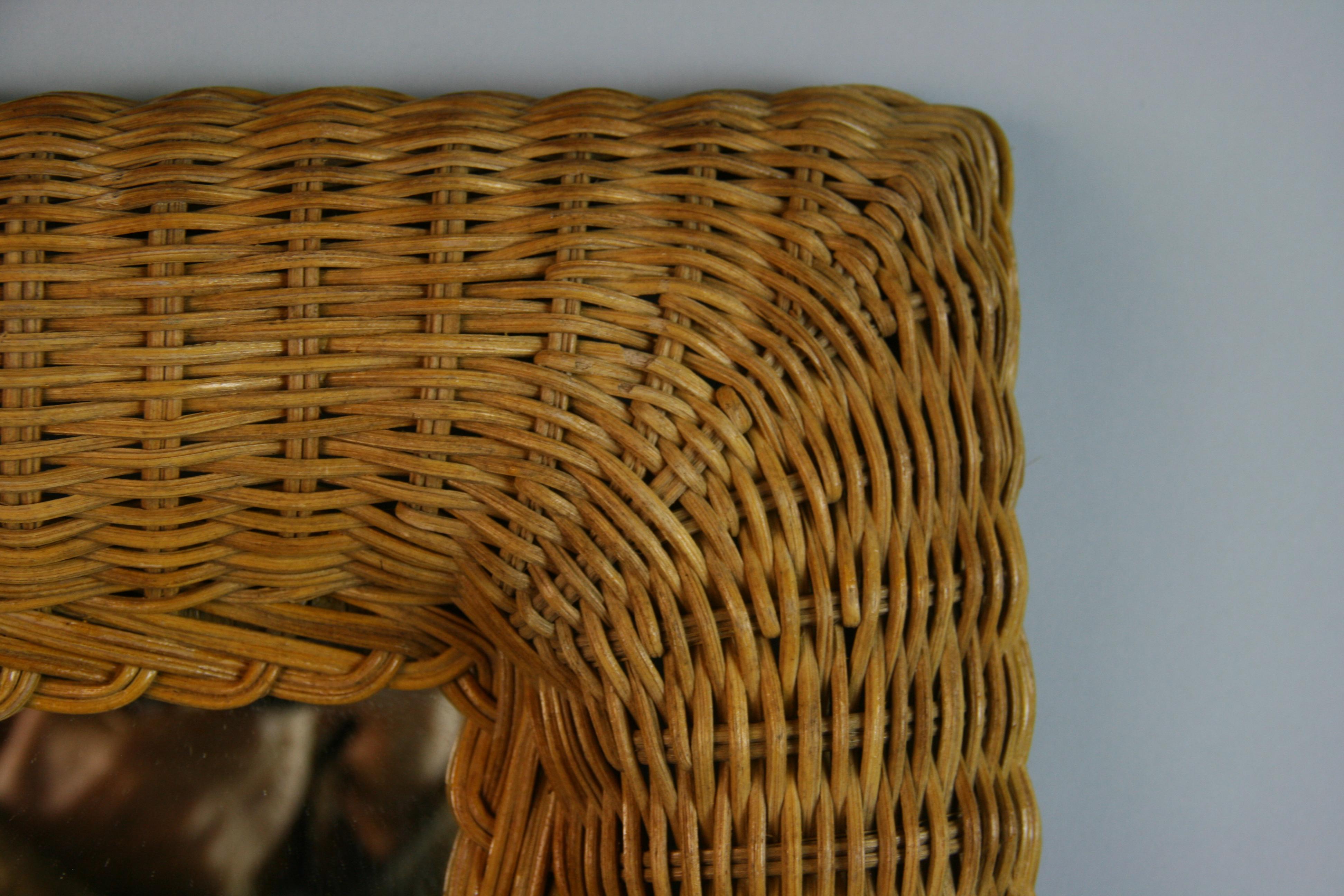 French Wicker Mirror Rounded Corners 1970's For Sale 1