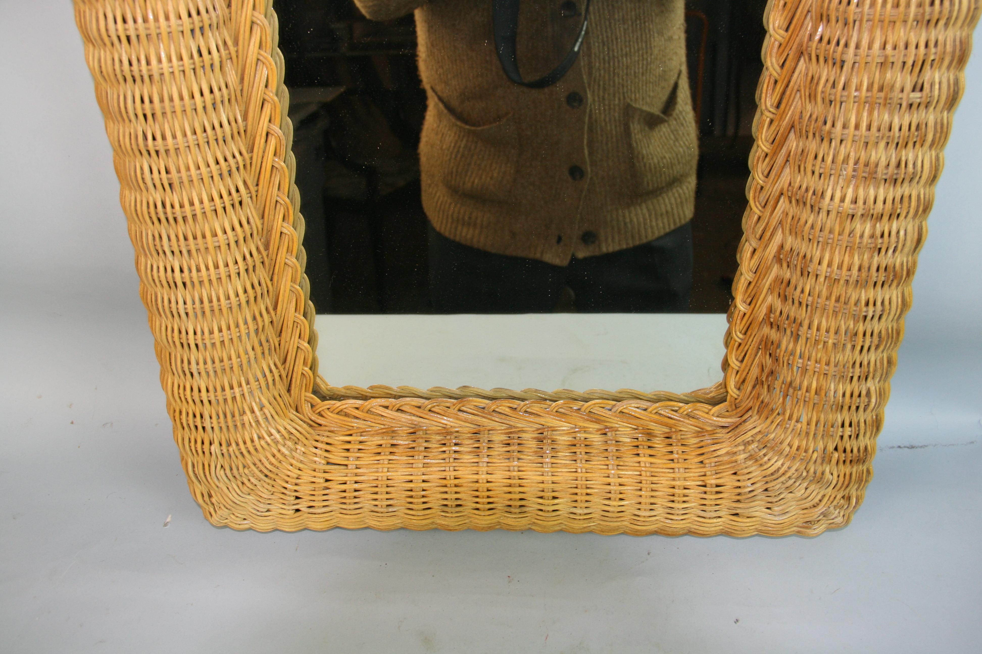 French Wicker Mirror Rounded Corners 1970's For Sale 3