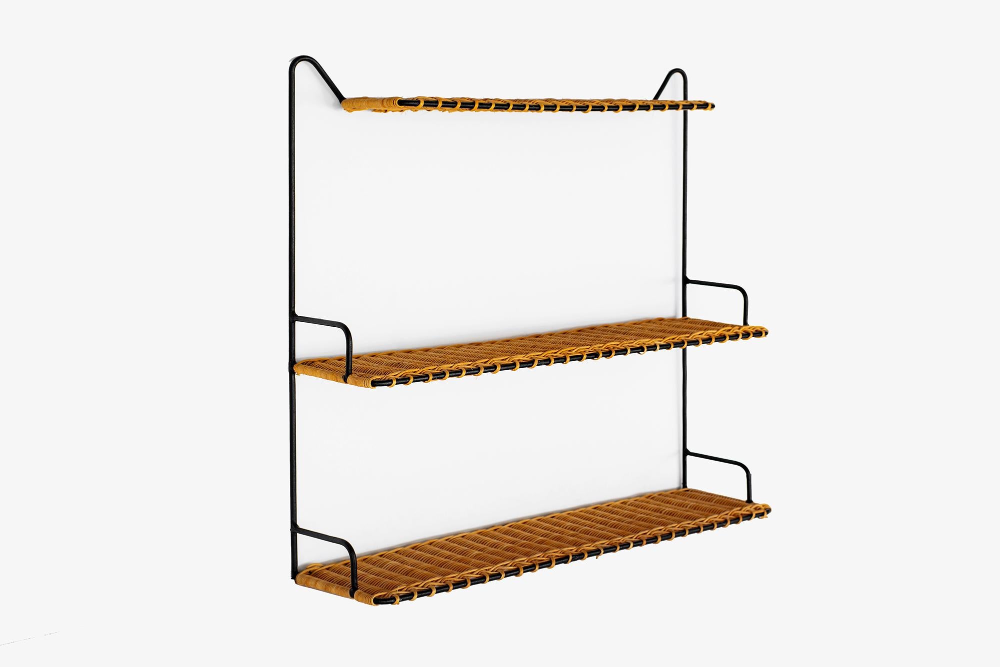 French wicker 3-tier shelf with iron and woven wicker.