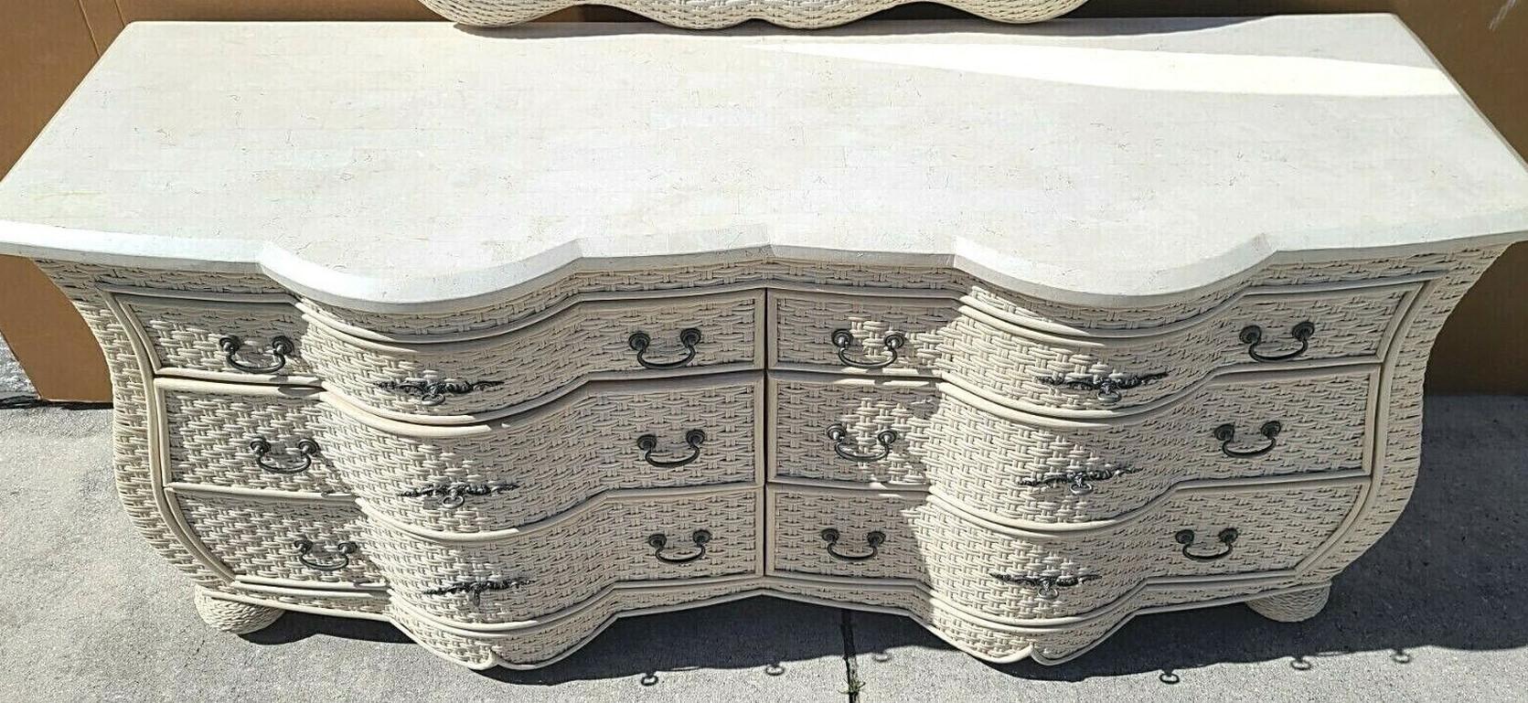 Offering One Of Our Recent Palm Beach Estate Fine Furniture Acquisitions Of A 
Sculptural French Wicker & Tessellated Stone Top 6 Drawer Dresser

Approximate Measurements in Inches
Dresser: 30