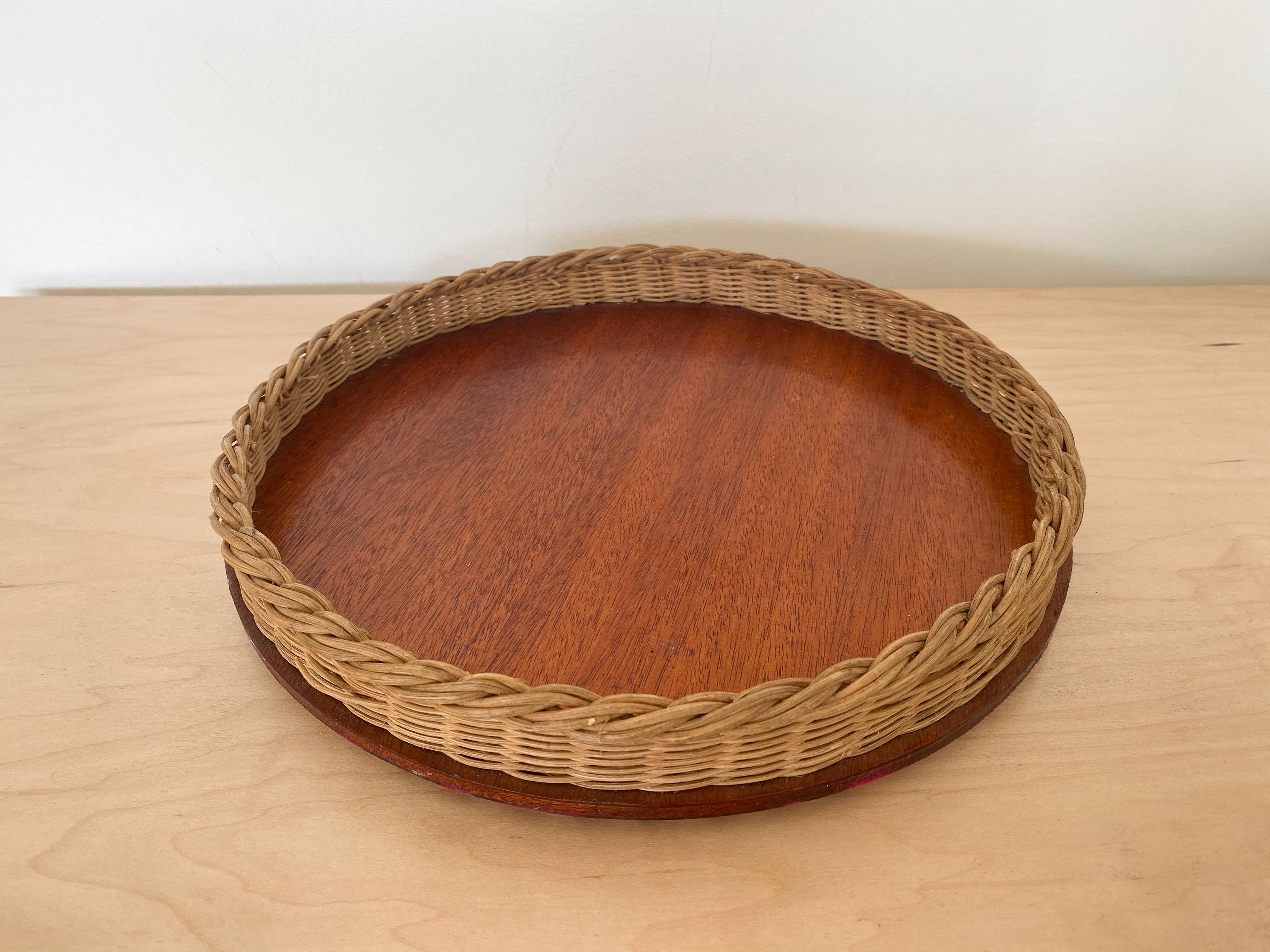 Mid-Century Modern French Wicker Tray with Leather