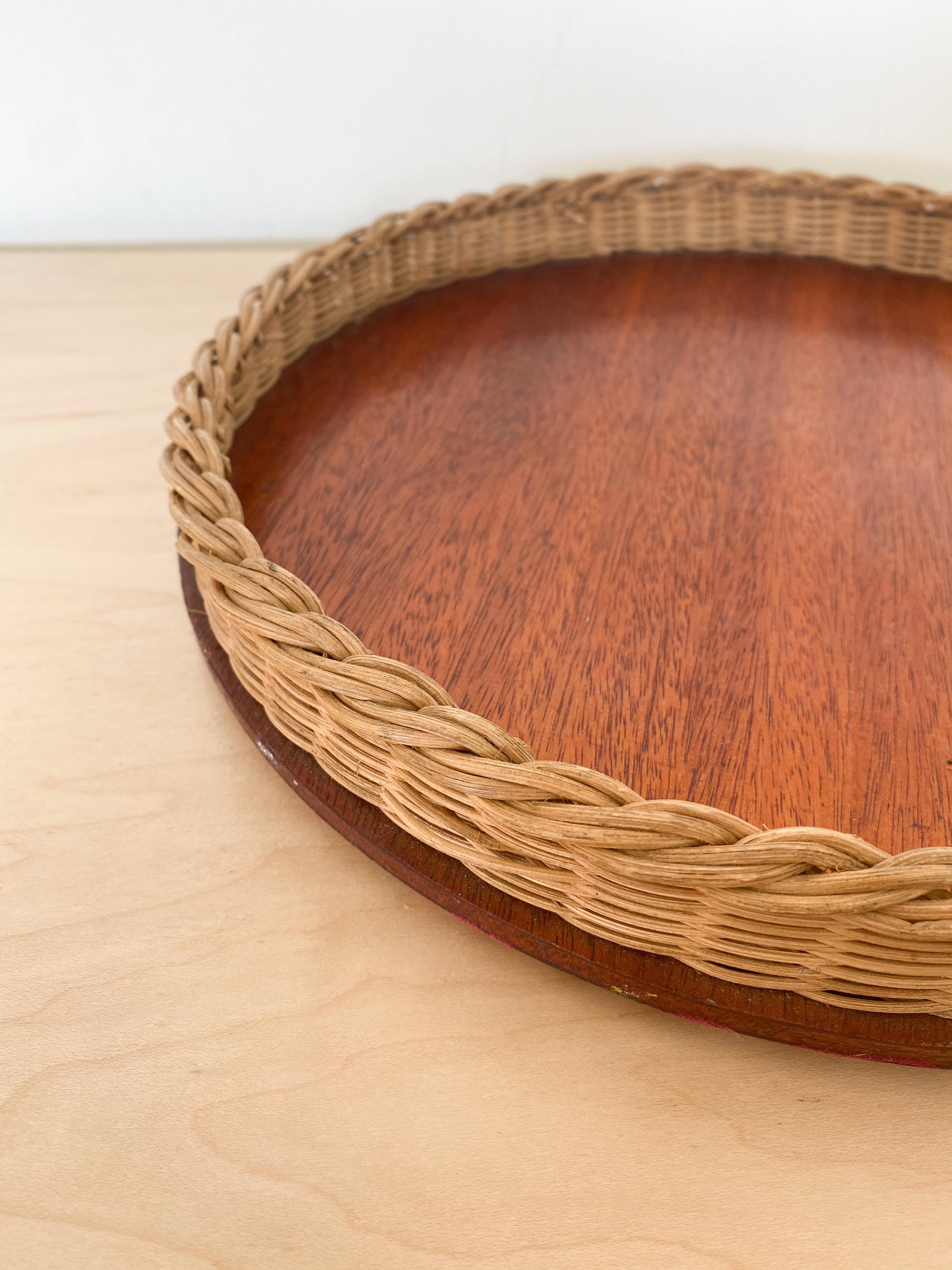 20th Century French Wicker Tray with Leather