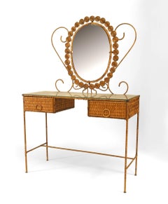 French Wicker Vanity With Dramatic Oval Mirror