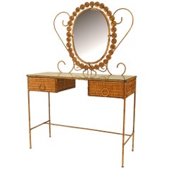 French Wicker Vanity With Dramatic Oval Mirror