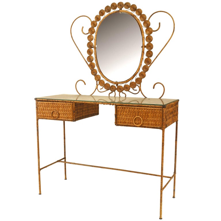 French Wicker Vanity With Dramatic Oval Mirror at 1stDibs wicker