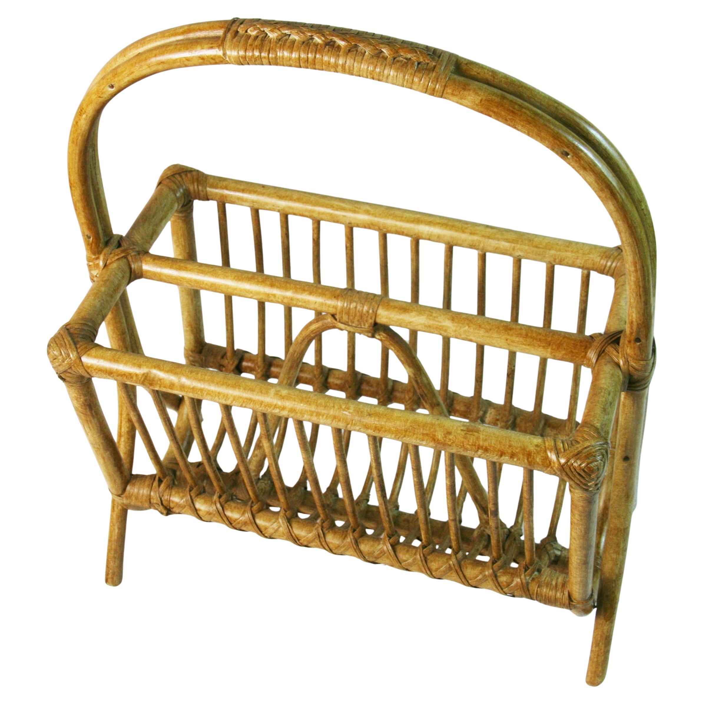 French Willow and Rattan Magazine Rack For Sale