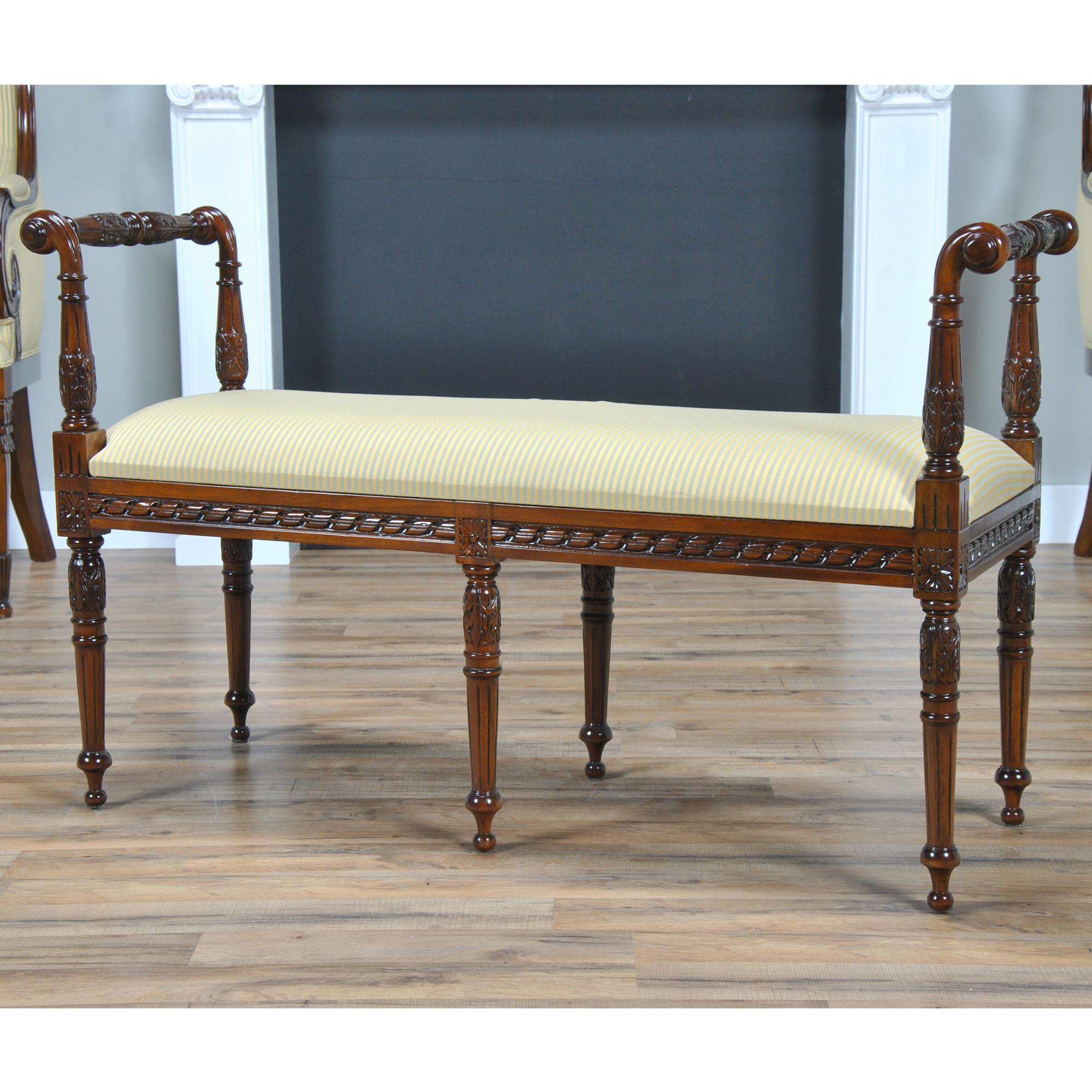 The French Window Bench by Niagara Furniture is lovely and elegant in design. Hand carved from solid mahogany the French Window Bench features beautiful details throughout as well as a neutral fabric. The six leg configuration helps keep the bench