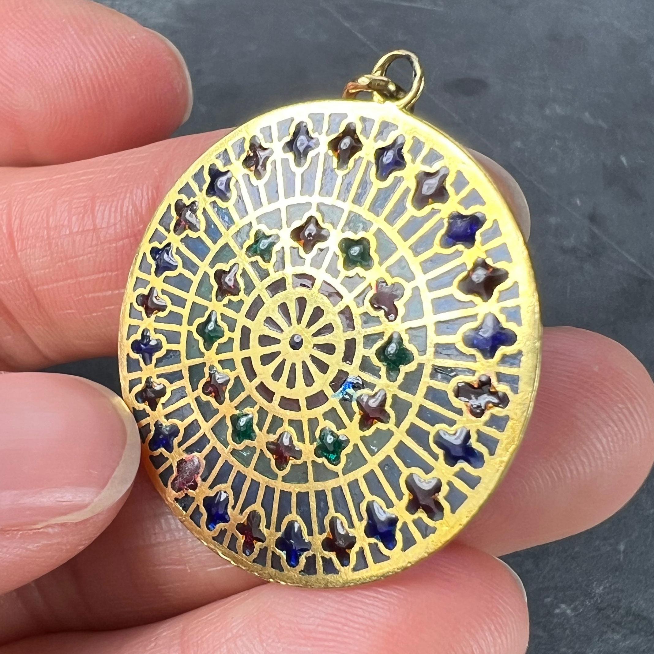 French Window Plique A Jour Enamel 18K Yellow Gold Pendant Medal For Sale 9