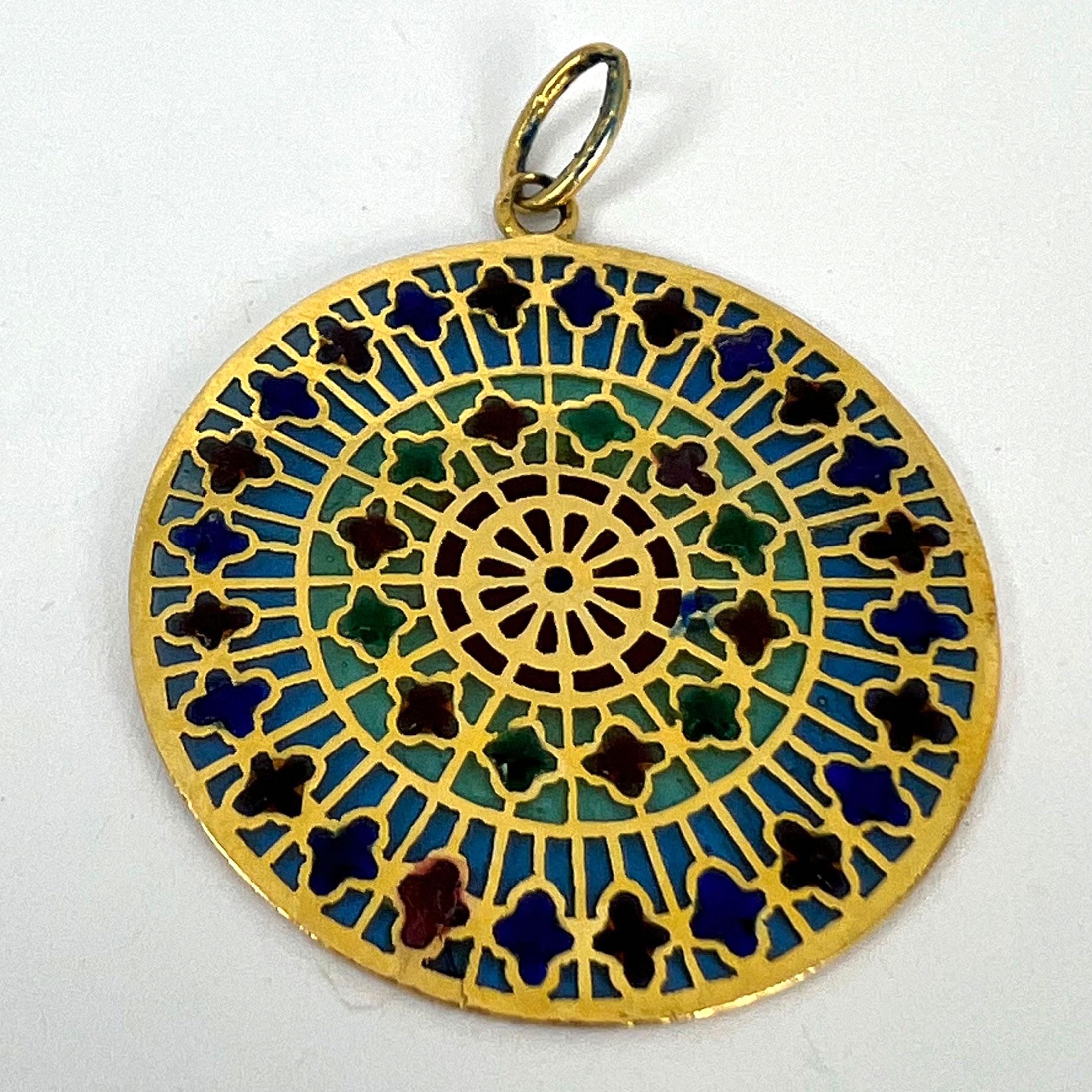 French Window Plique A Jour Enamel 18K Yellow Gold Pendant Medal For Sale 13