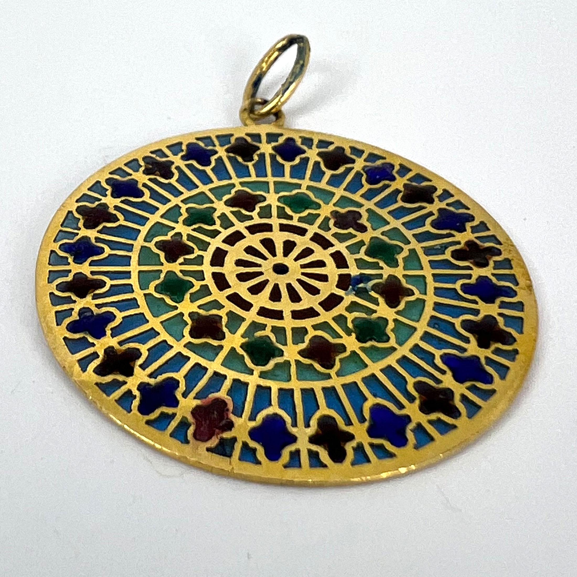 French Window Plique A Jour Enamel 18K Yellow Gold Pendant Medal For Sale 14