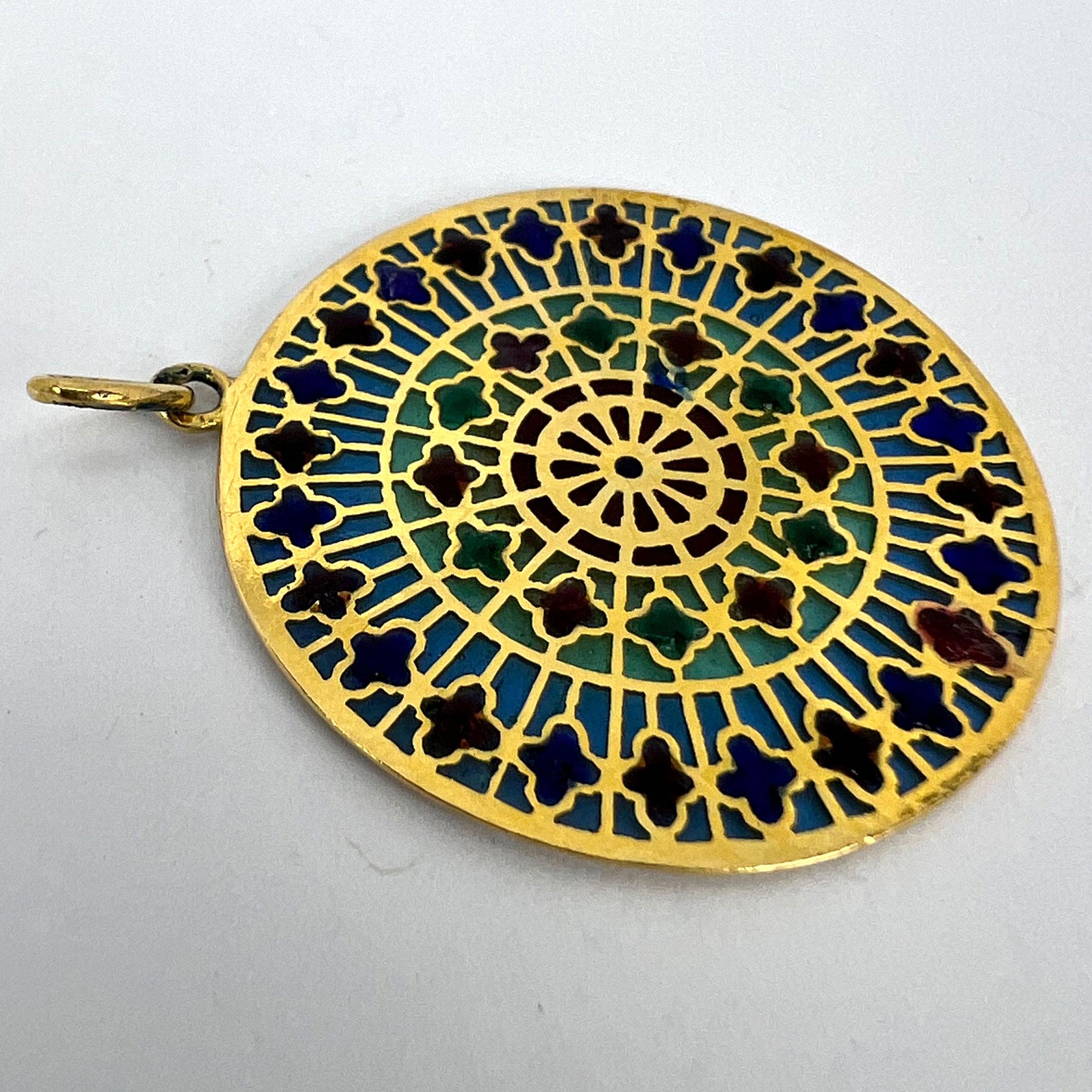 French Window Plique A Jour Enamel 18K Yellow Gold Pendant Medal For Sale 15