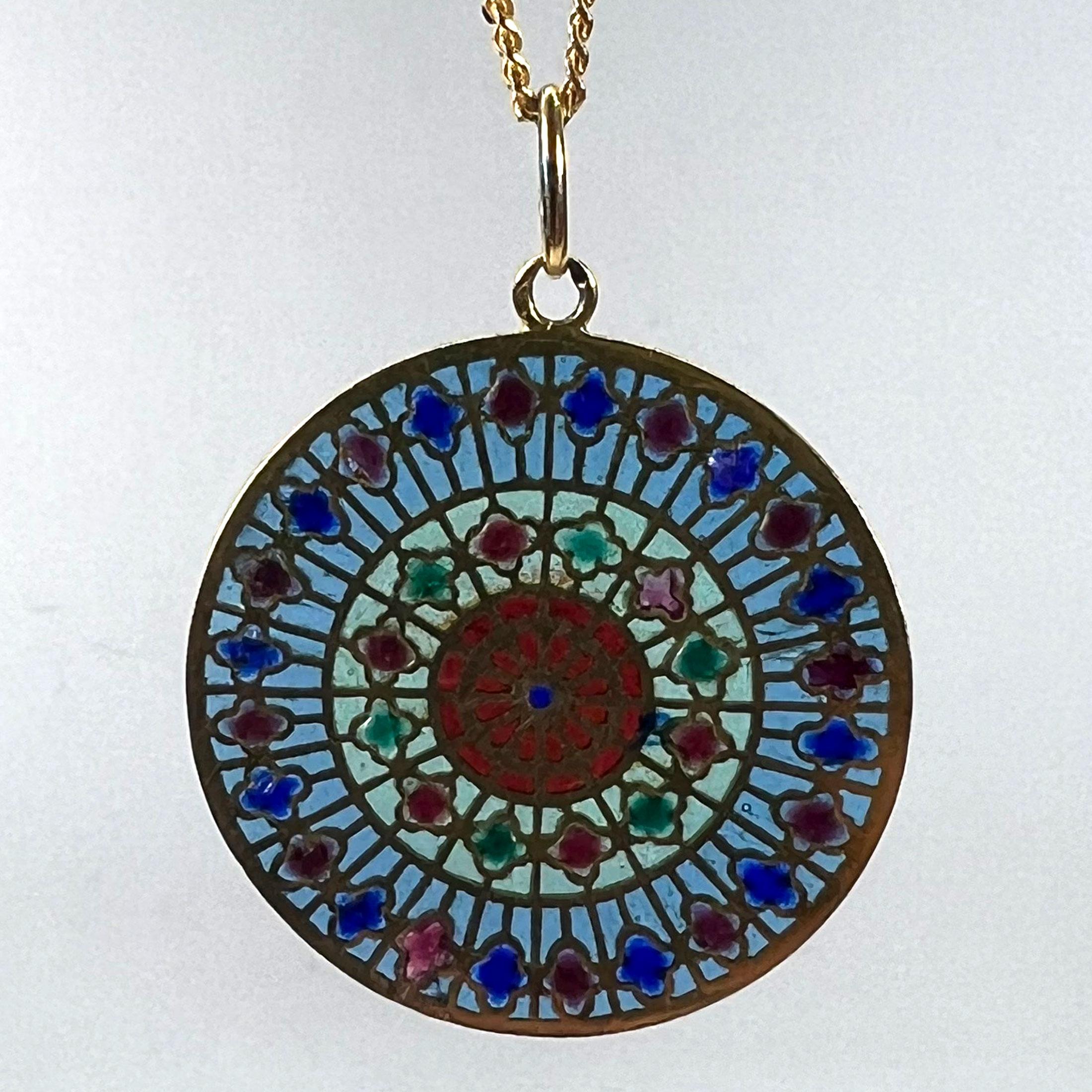 French Window Plique A Jour Enamel 18K Yellow Gold Pendant Medal For Sale 16