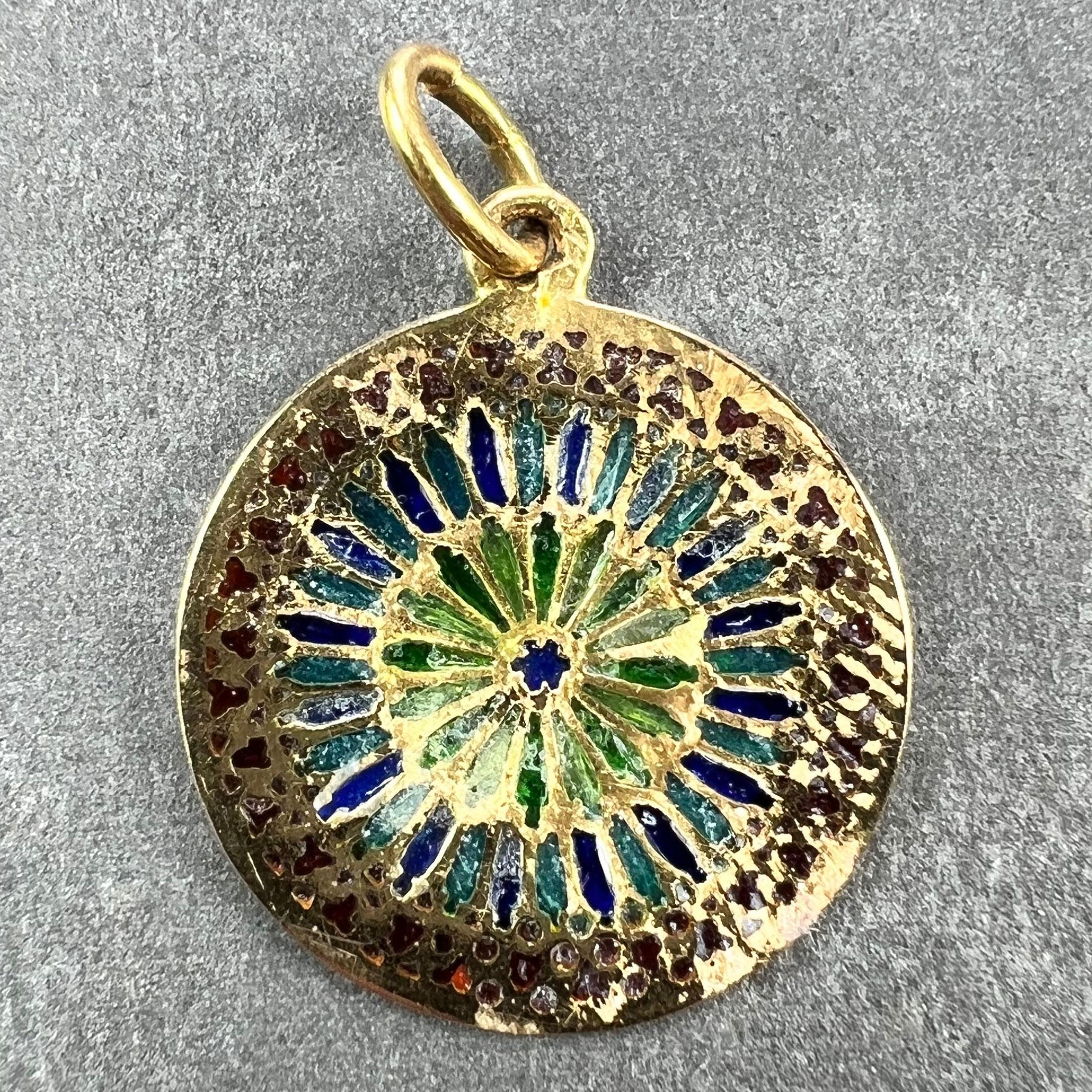 Women's or Men's French Window Plique A Jour Enamel 18K Yellow Gold Pendant Medal For Sale