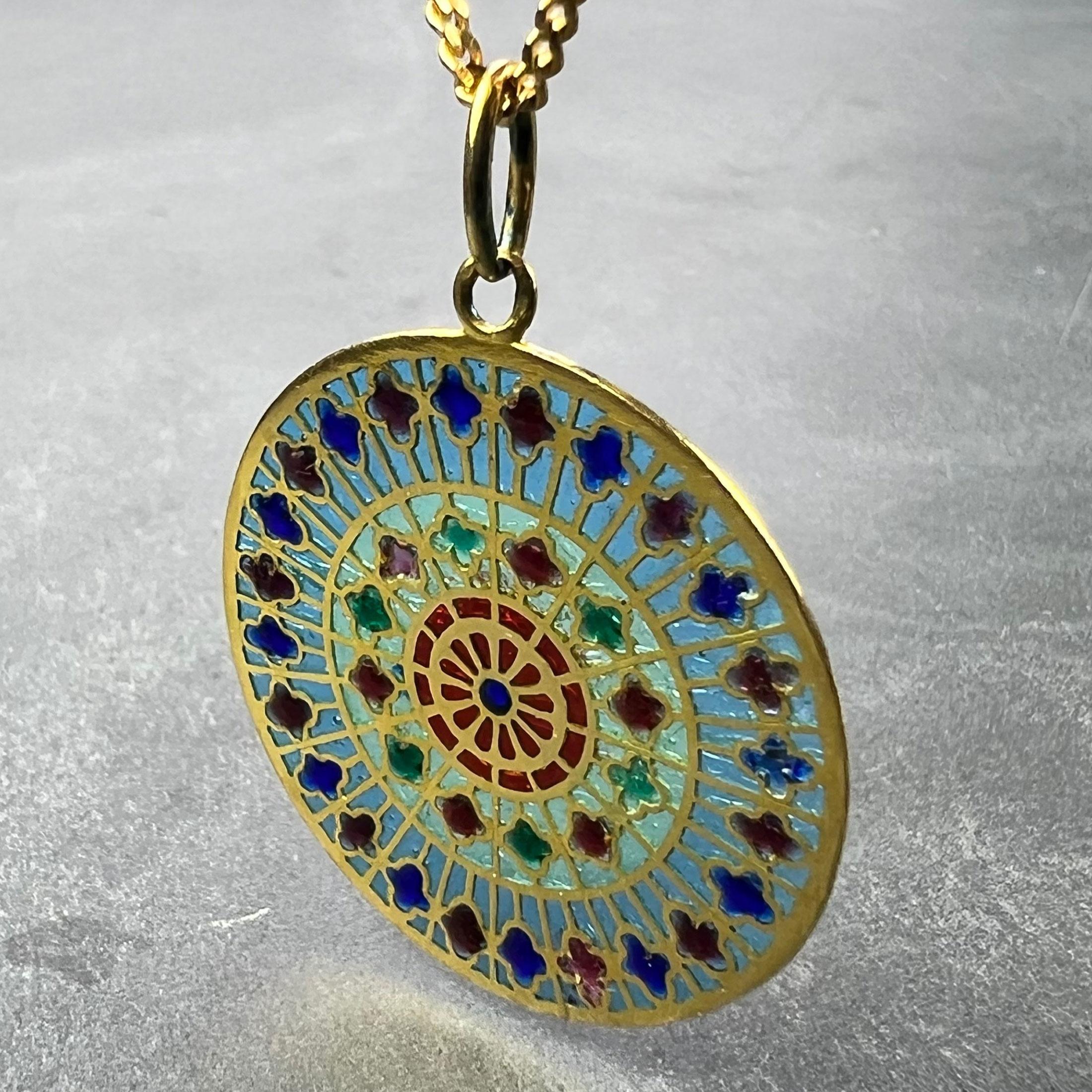 Women's or Men's French Window Plique A Jour Enamel 18K Yellow Gold Pendant Medal For Sale