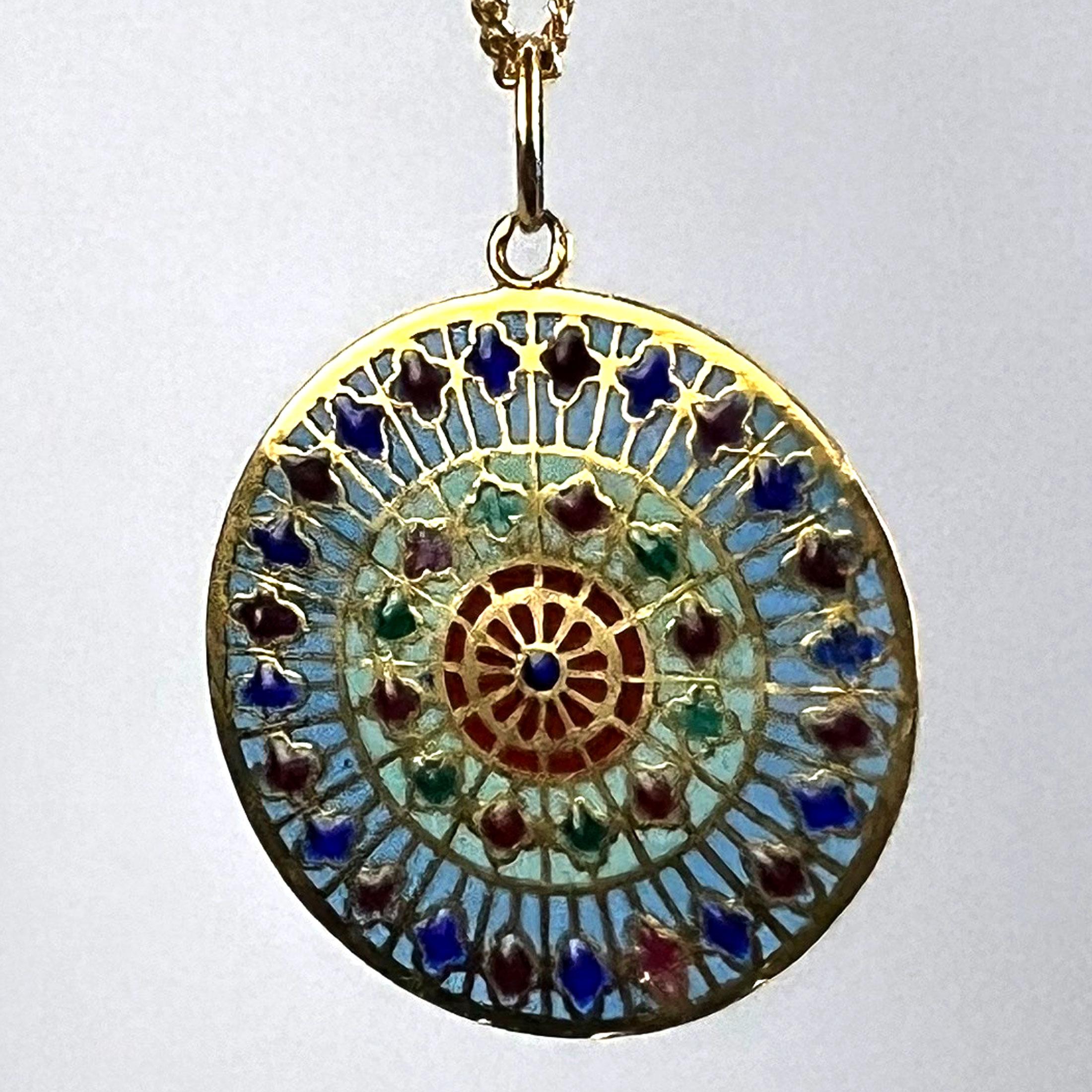 French Window Plique A Jour Enamel 18K Yellow Gold Pendant Medal For Sale 1