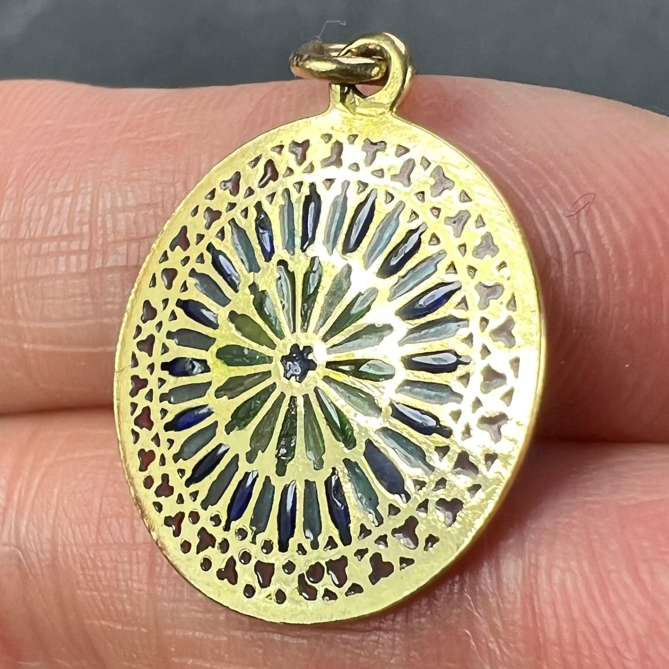 French Window Plique A Jour Enamel 18K Yellow Gold Pendant Medal For Sale 3