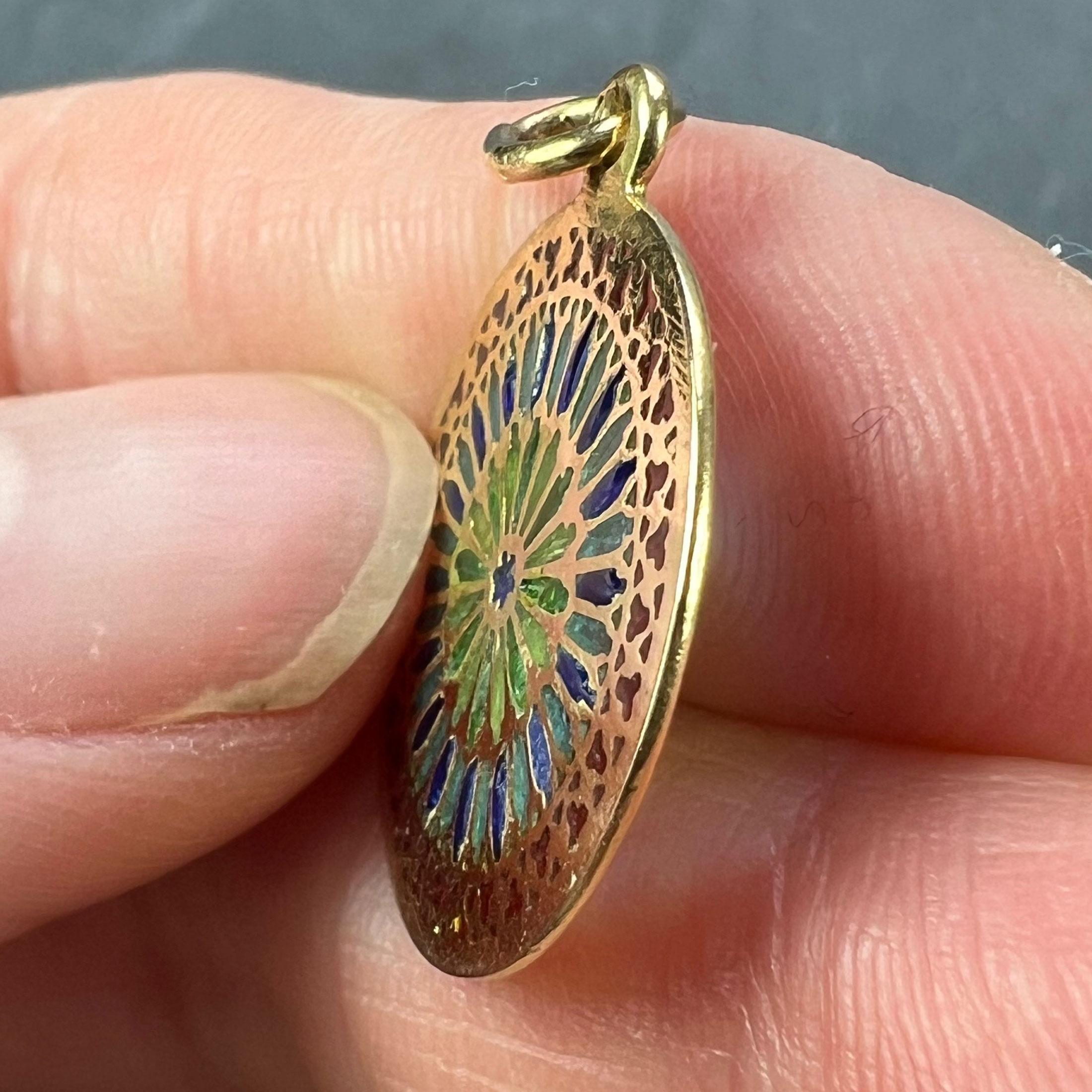 French Window Plique A Jour Enamel 18K Yellow Gold Pendant Medal For Sale 4