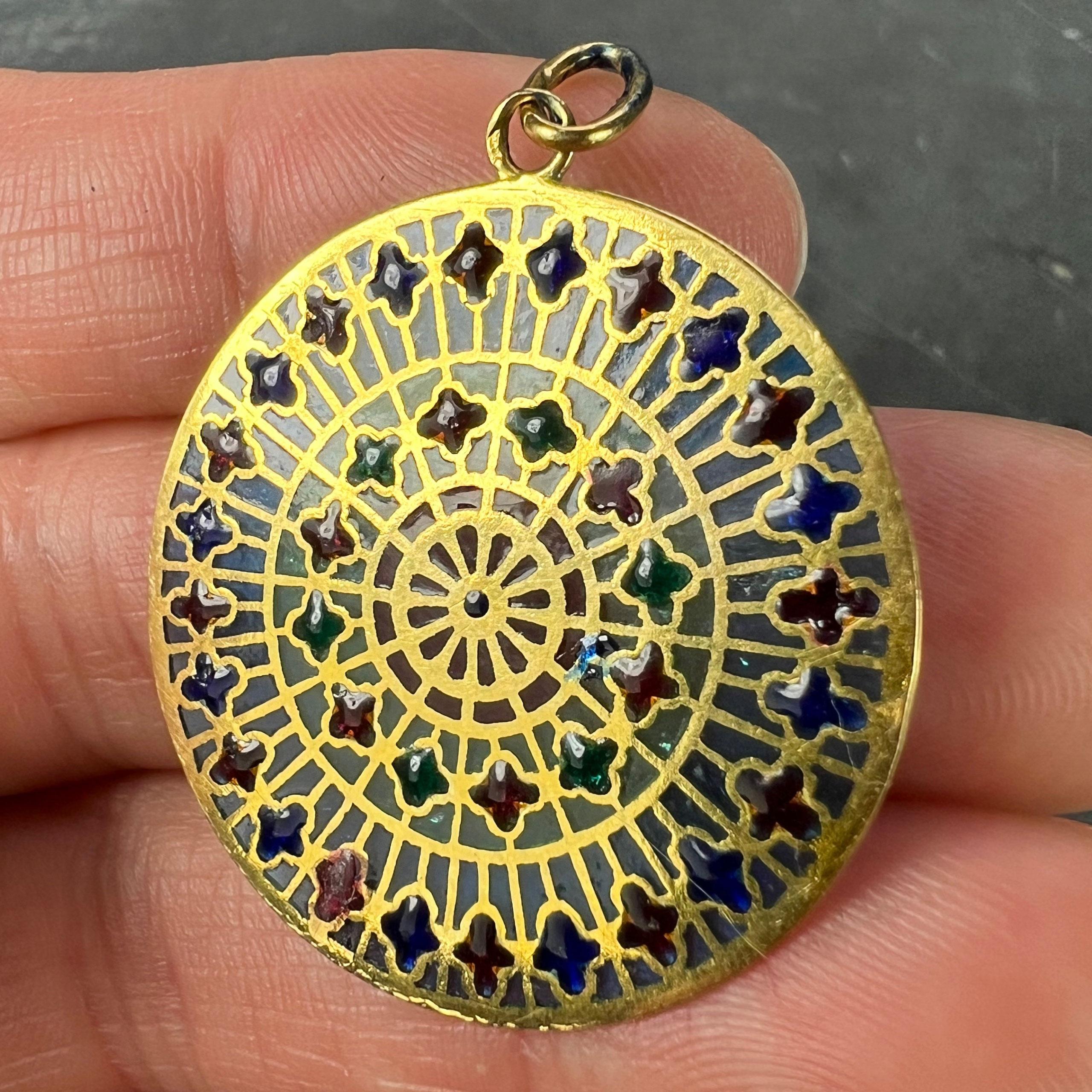 French Window Plique A Jour Enamel 18K Yellow Gold Pendant Medal For Sale 5