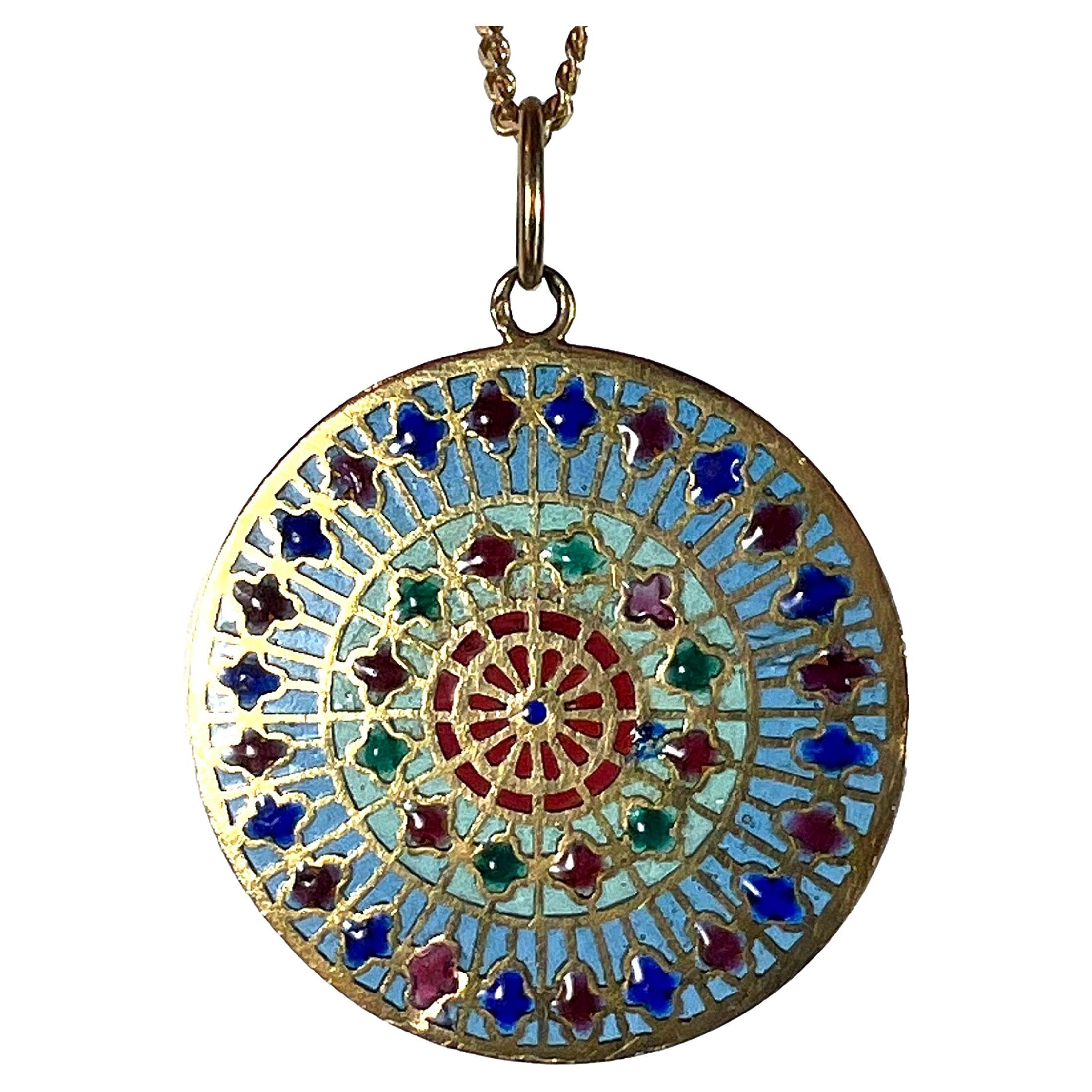 French Window Plique A Jour Enamel 18K Yellow Gold Pendant Medal