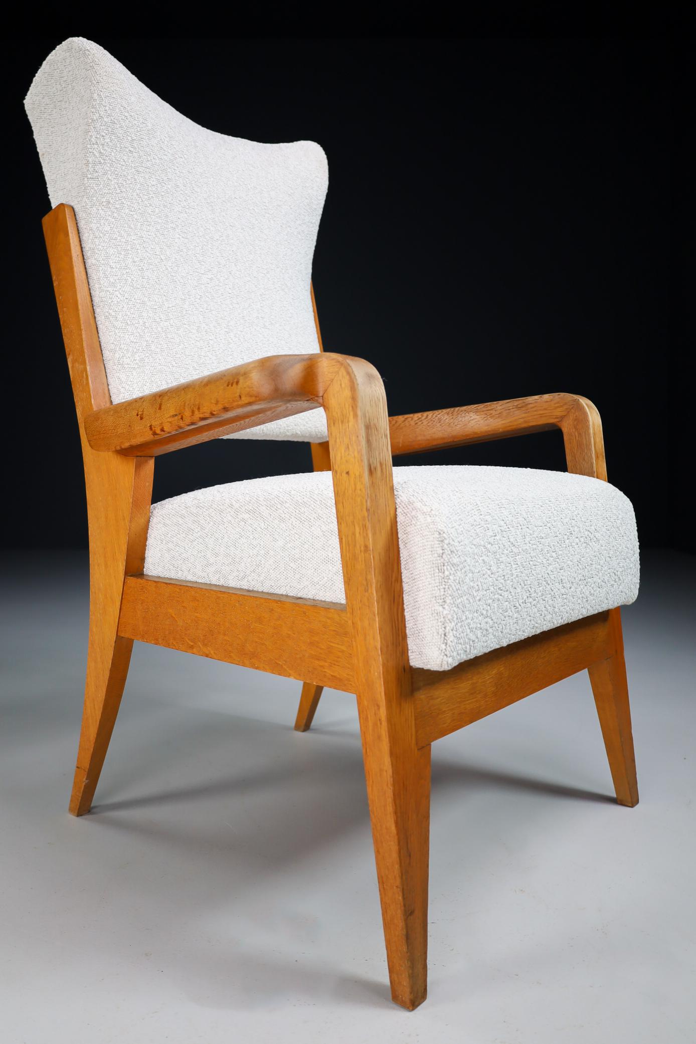 Mid-Century Modern French Wing / Armchair in Oak and Reupholstered in Boucle Wool Fabric, 1950s