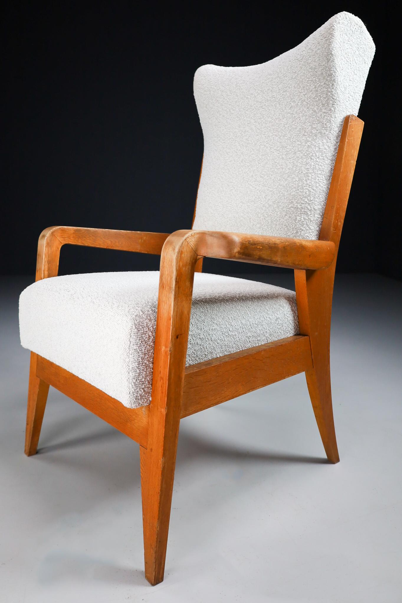 20th Century French Wing / Armchair in Oak and Reupholstered in Boucle Wool Fabric, 1950s