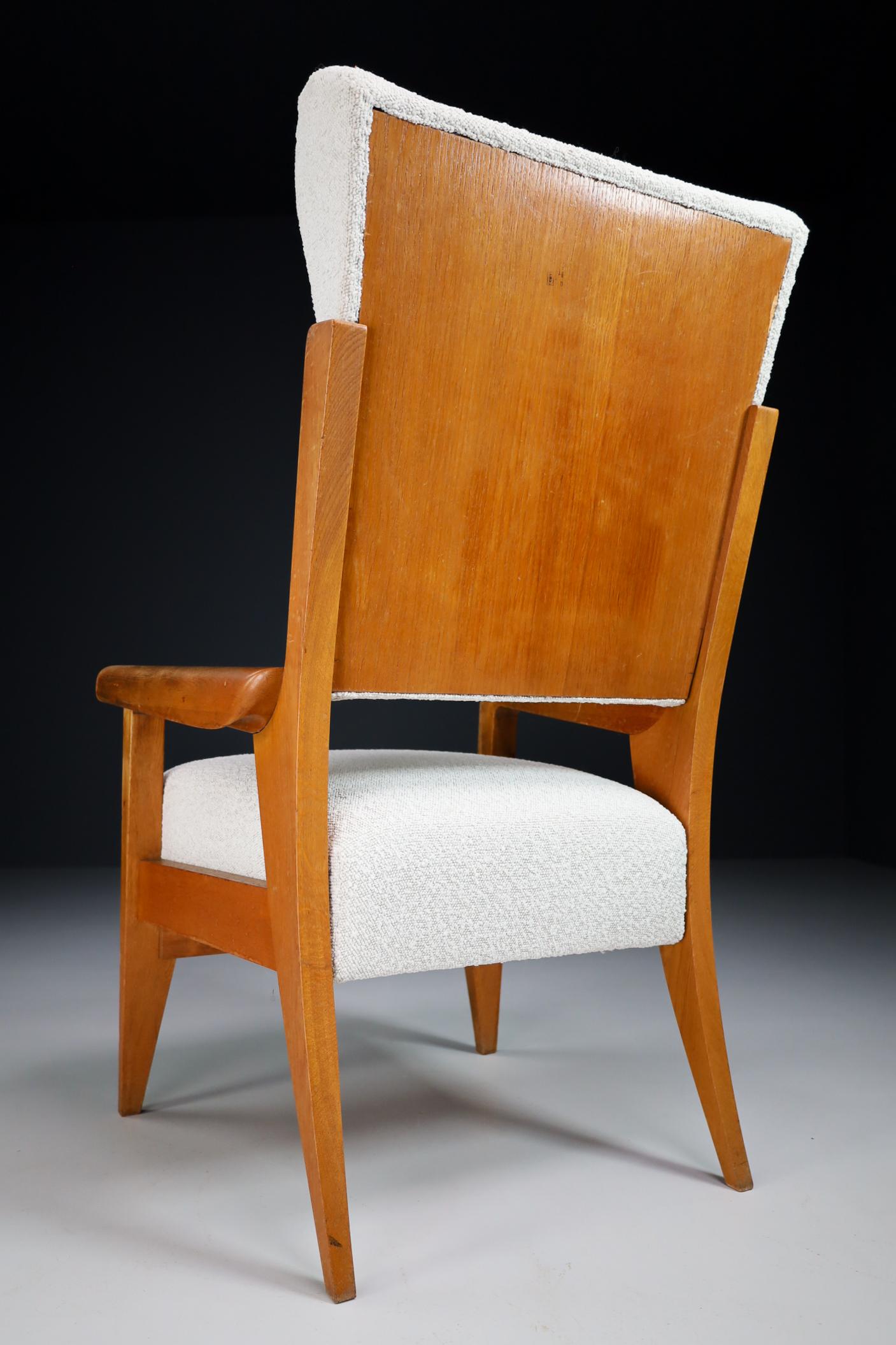 Bouclé French Wing / Armchair in Oak and Reupholstered in Boucle Wool Fabric, 1950s