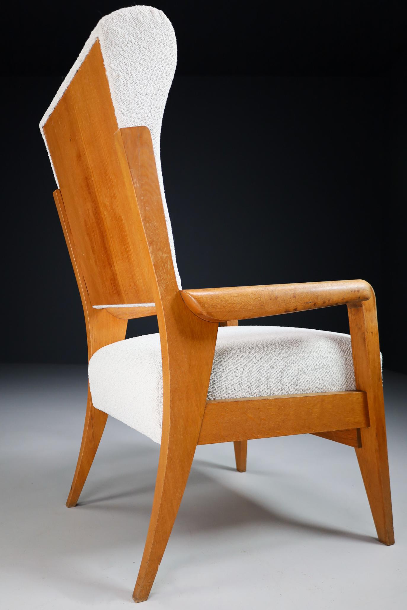 French Wing / Armchair in Oak and Reupholstered in Boucle Wool Fabric, 1950s 1