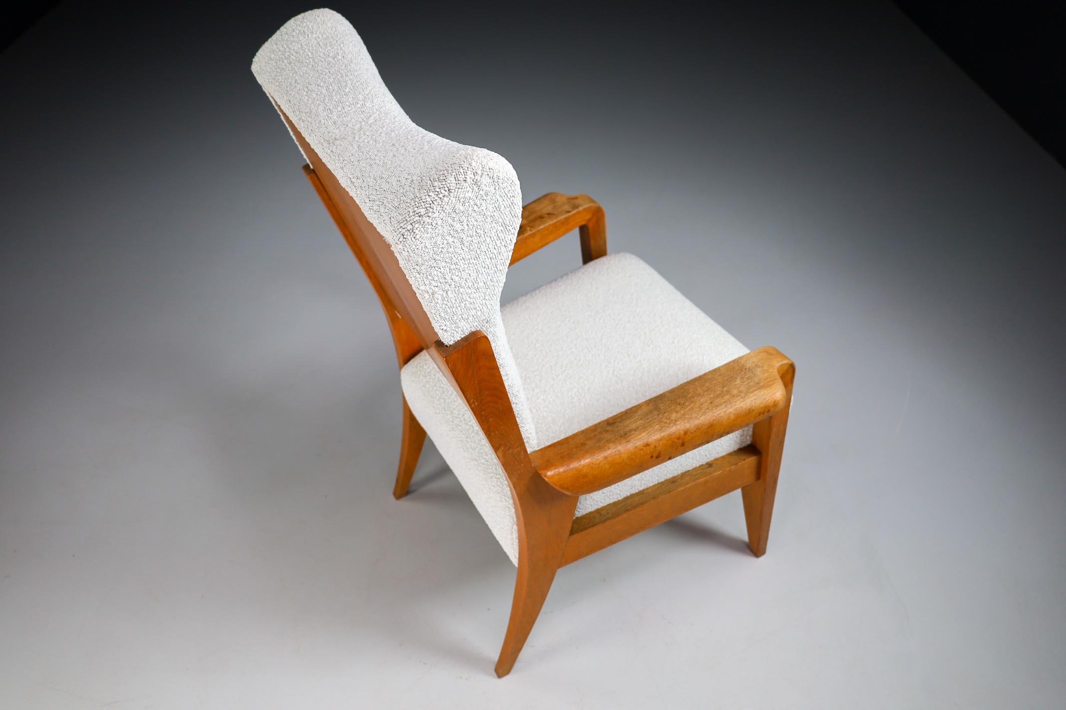French Wing / Armchair in Oak and Reupholstered in Boucle Wool Fabric, 1950s 2