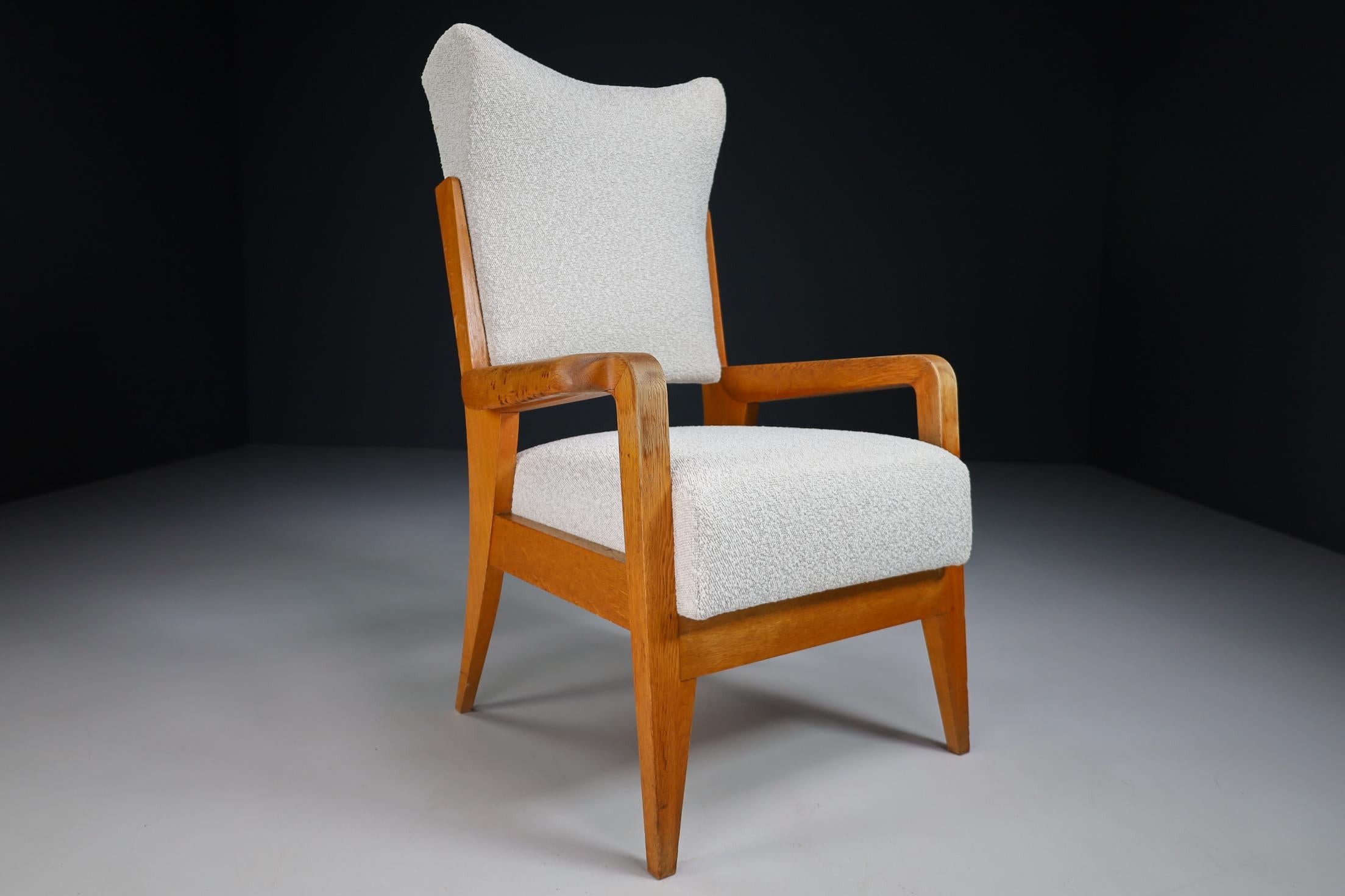 French Wing / Armchair in Oak and Reupholstered in Boucle Wool Fabric, 1950s 3