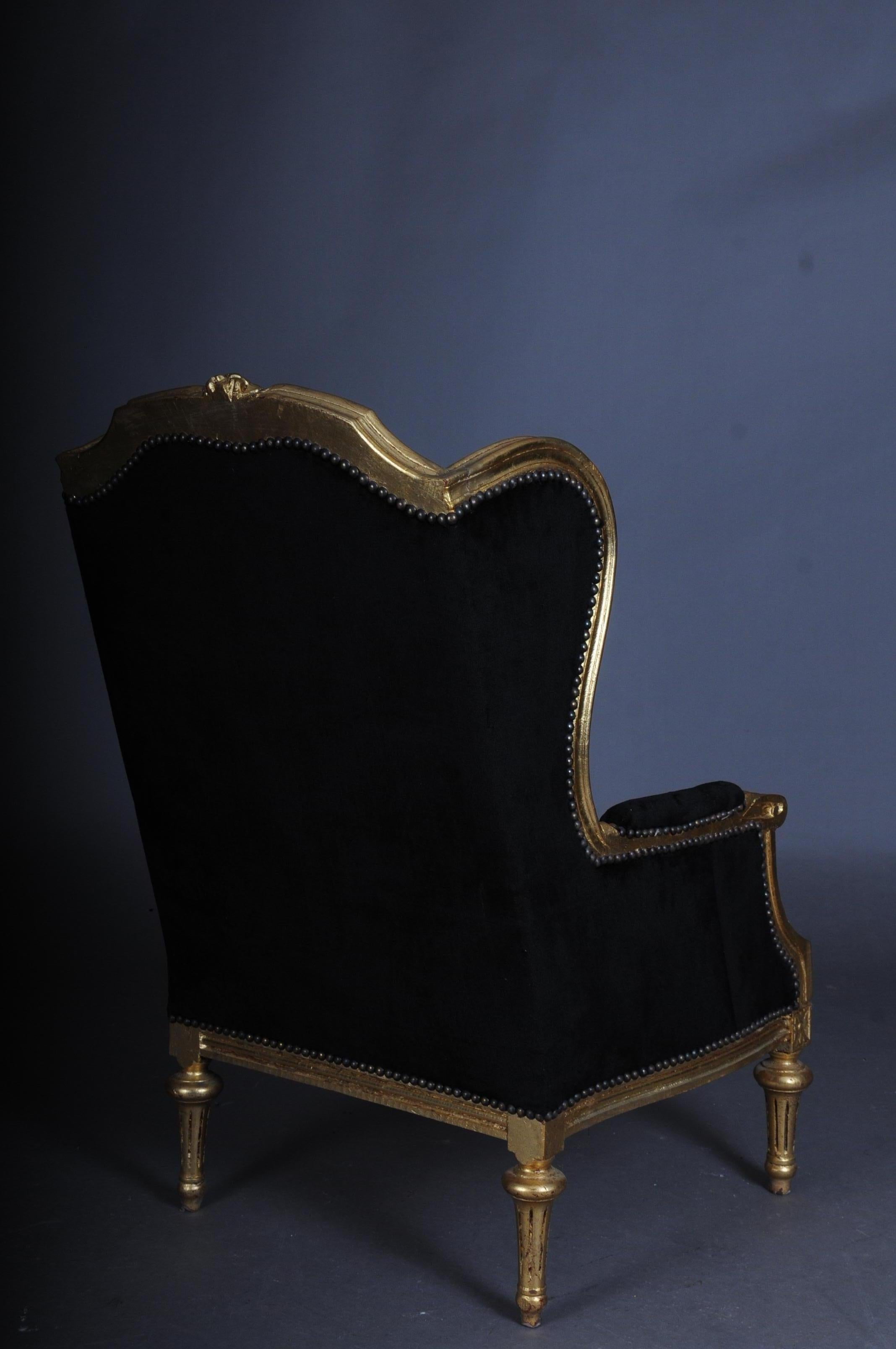 French Wing Chair Louis XVI, Black Velvet Fabric 3