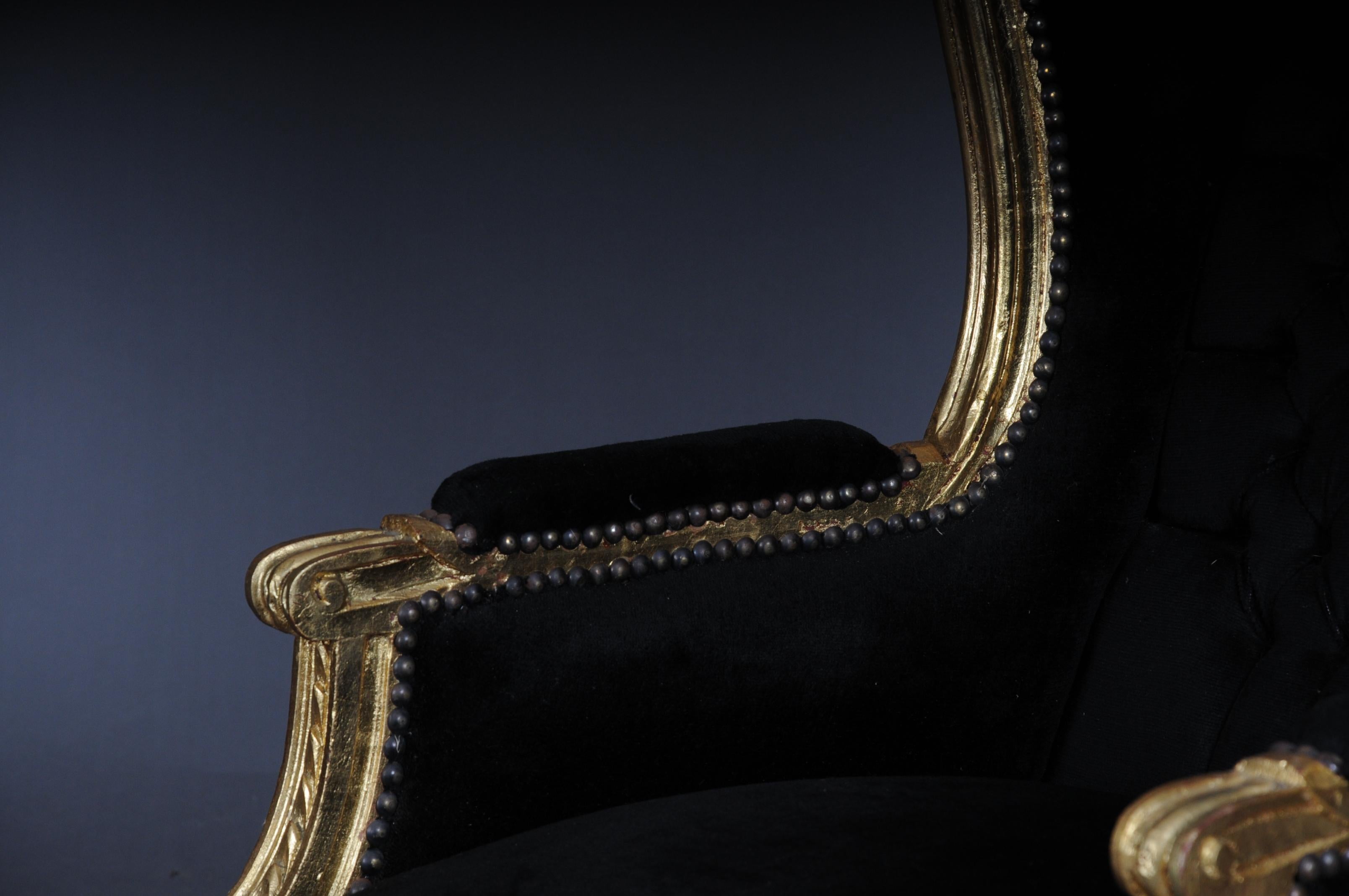 Gilt French Wing Chair Louis XVI, Black Velvet Fabric