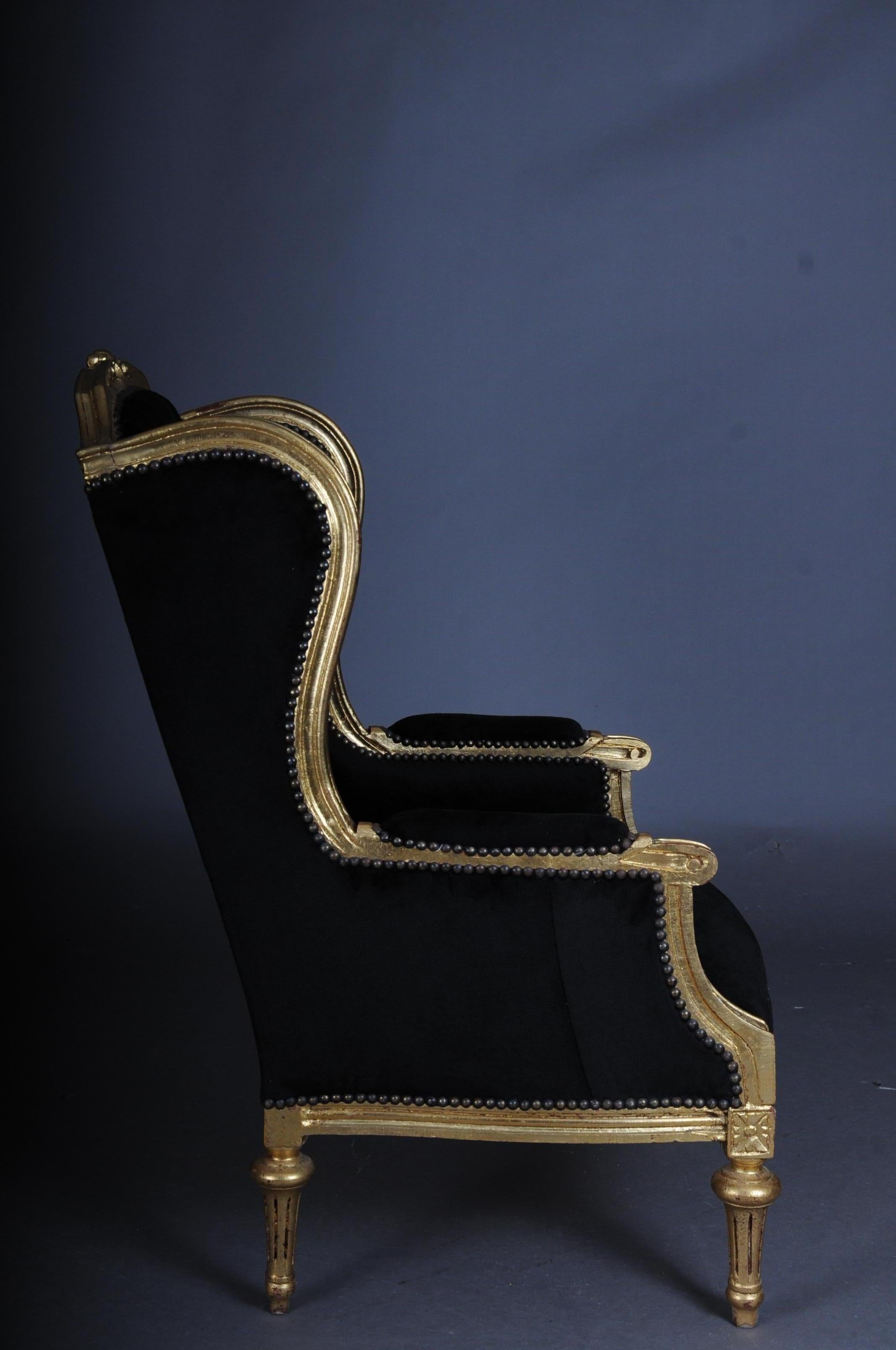 French Wing Chair Louis XVI, Black Velvet Fabric 1