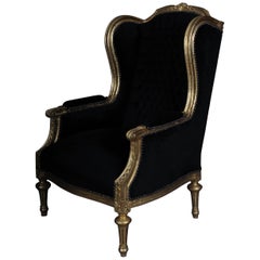 French Wing Chair Louis XVI, Black Velvet Fabric