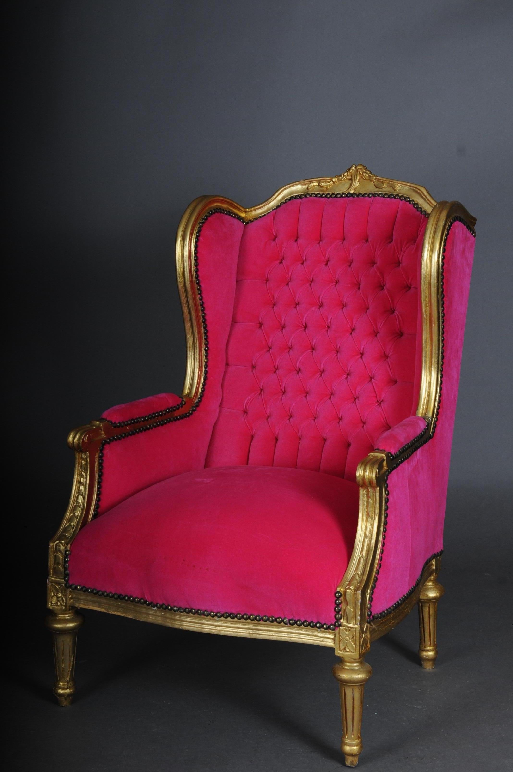 Gilt French Wing Chair Louis XVI, Pink Velvet Fabric