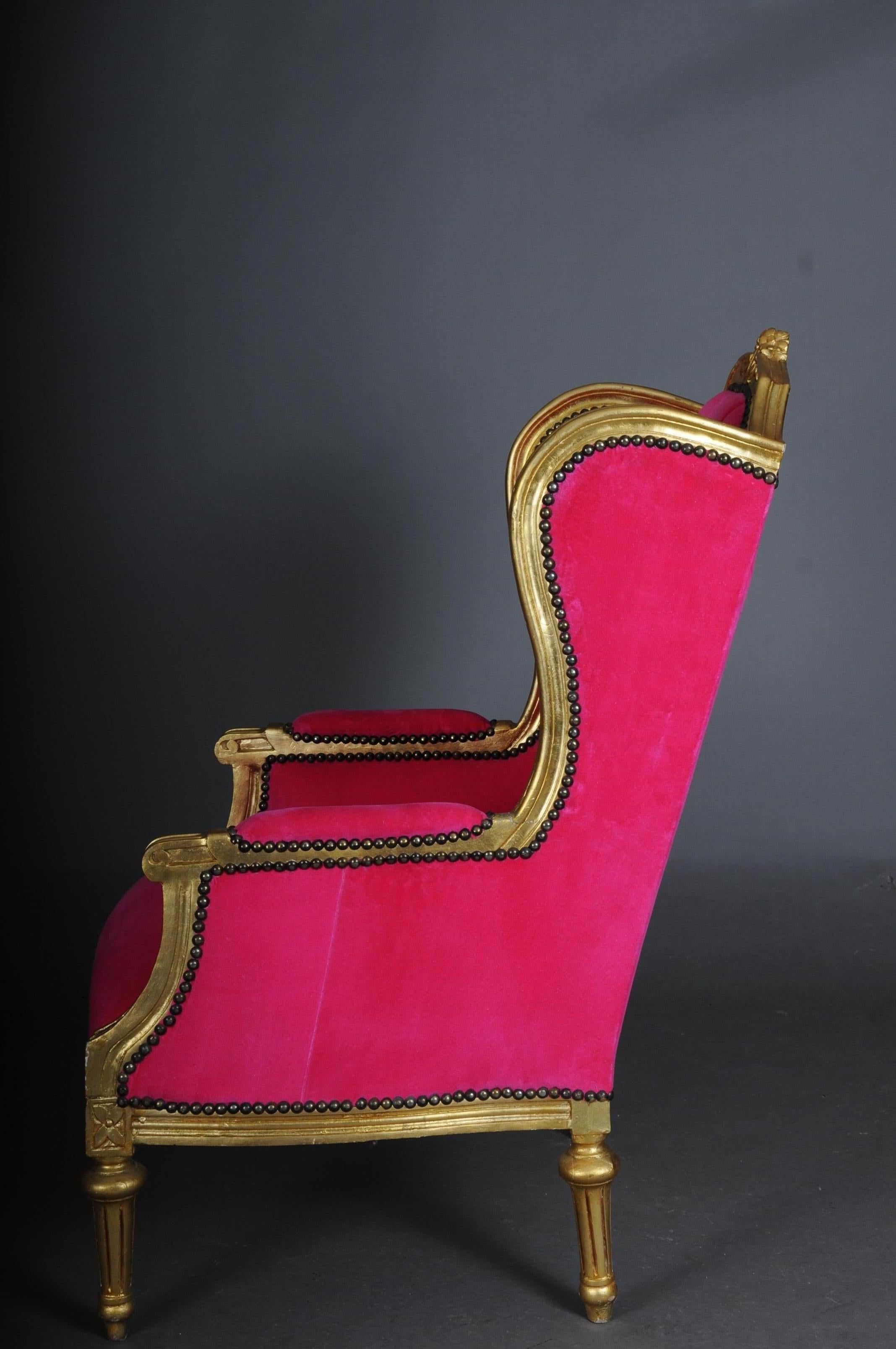 Französischer Ohrensessel Louis XVI, rosa Samtstoff im Angebot 4