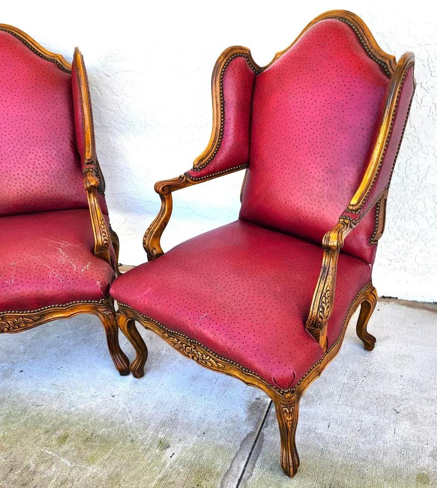 Leather French Wingback Chairs by BAKER Pair For Sale