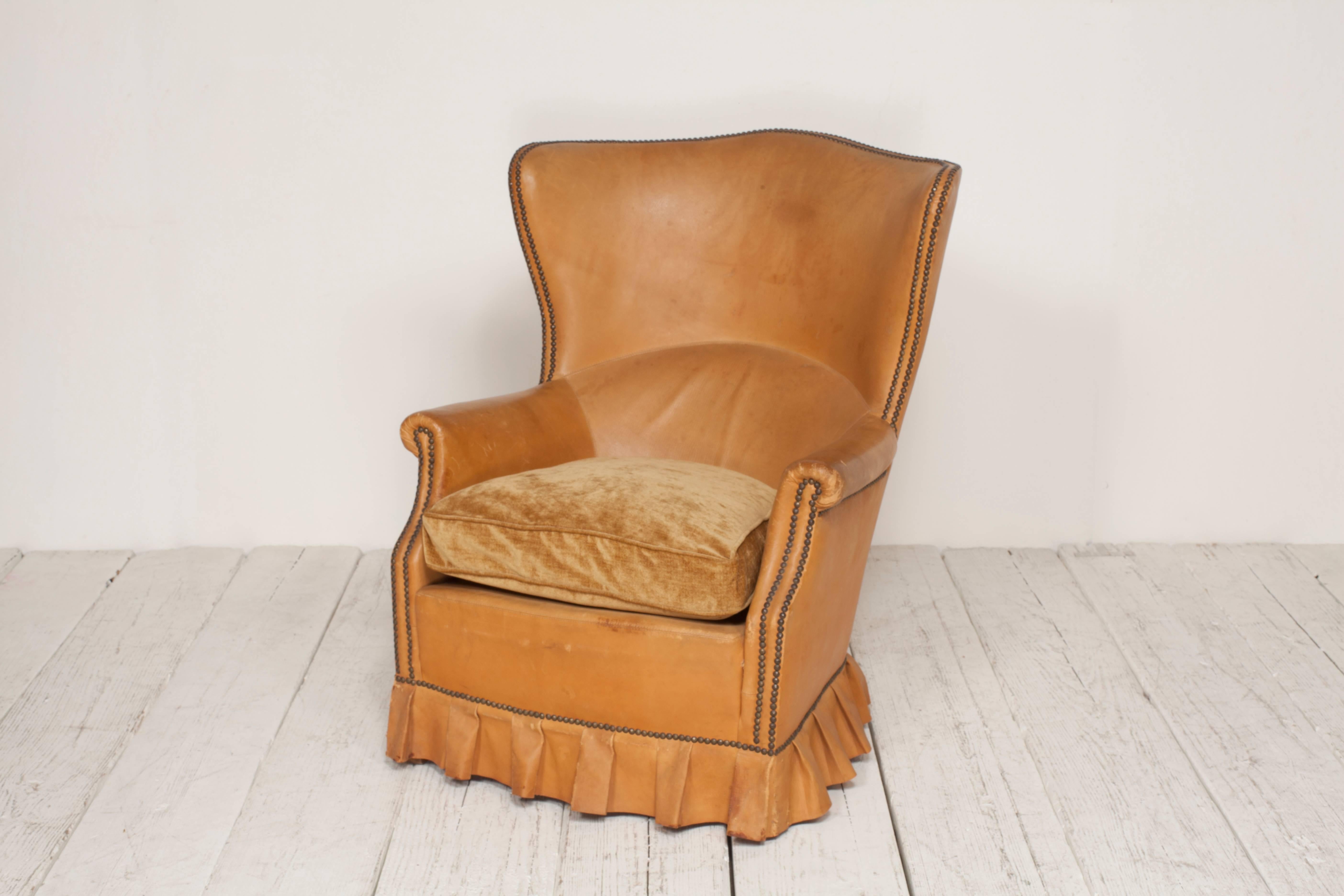 French Winged Leather Club Chair with Boxed Pleated Skirt 3
