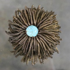 French Wire Fringe Spider Chrysanthemum Brooch Signed Déposé Goldtone Turquoise