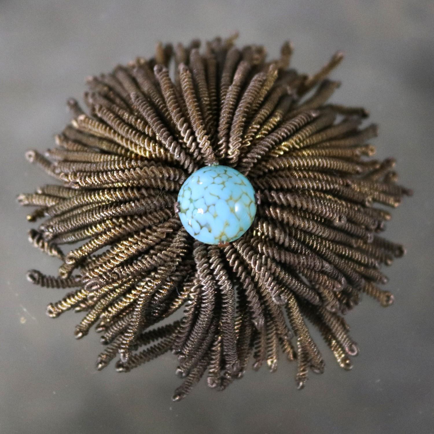 Mid-Century Modern French Wire Fringe Spider Chrysanthemum Brooch Signed Déposé Goldtone Turquoise 
