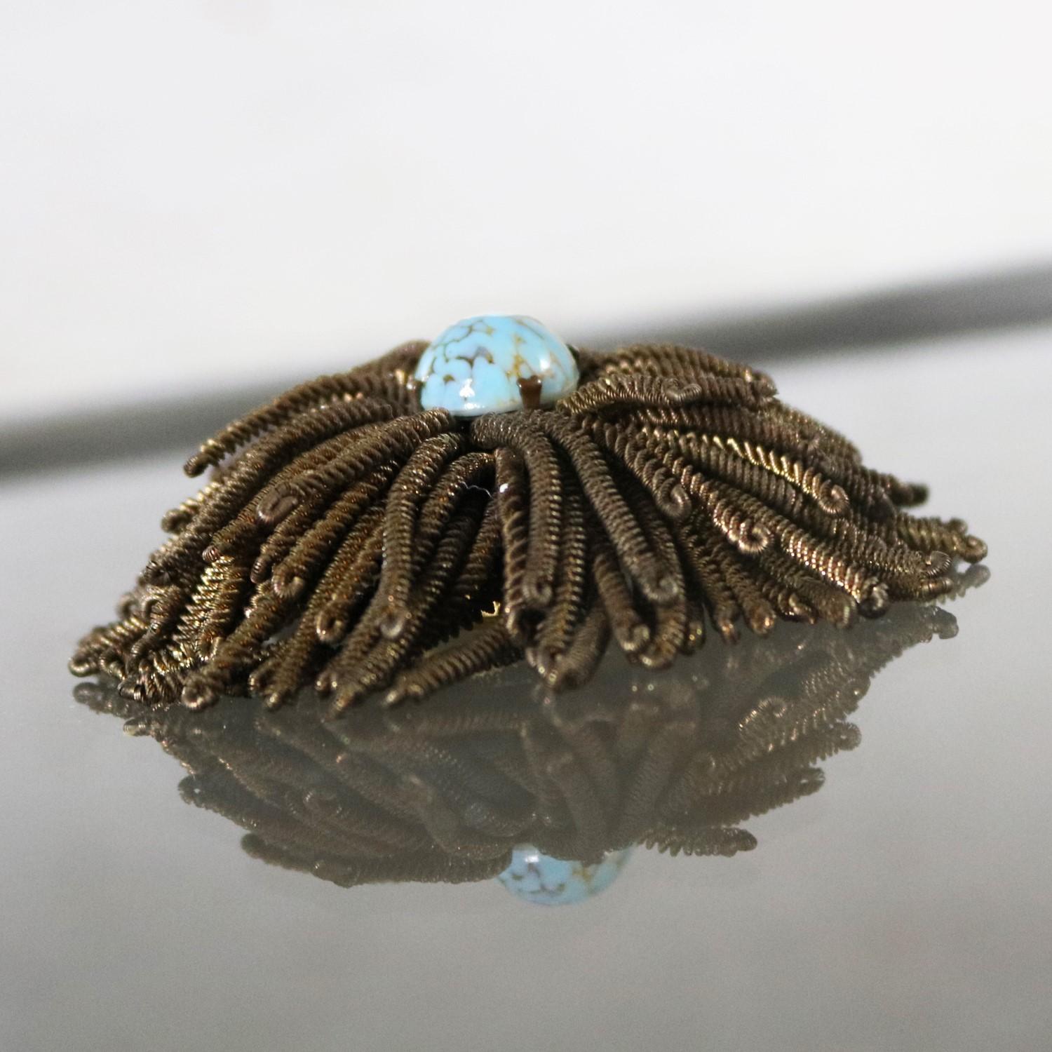 French Wire Fringe Spider Chrysanthemum Brooch Signed Déposé Goldtone Turquoise  In Good Condition In Topeka, KS