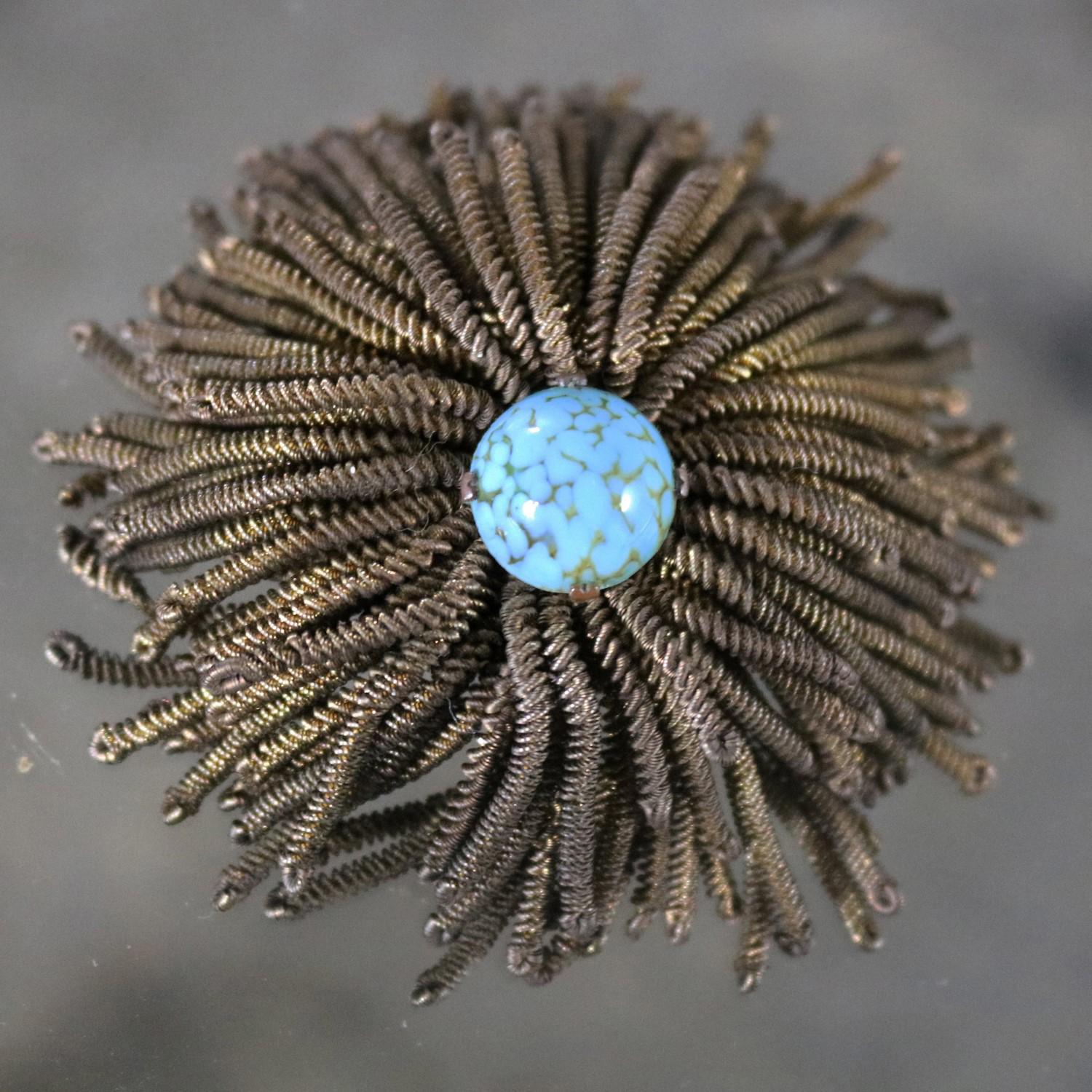 20th Century French Wire Fringe Spider Chrysanthemum Brooch Signed Déposé Goldtone Turquoise 