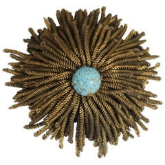 Retro French Wire Fringe Spider Chrysanthemum Brooch Signed Déposé Goldtone Turquoise 
