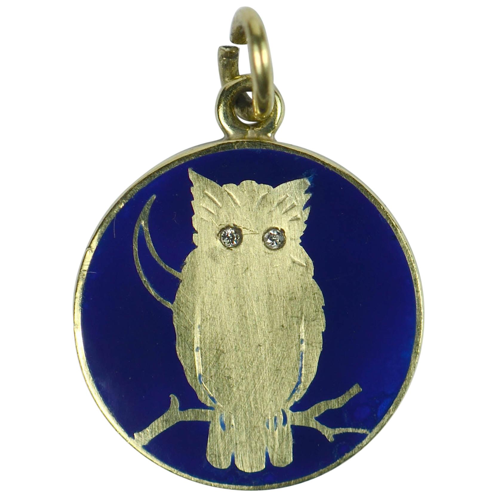 French Wise Owl Gold Enamel Diamond Charm Pendant