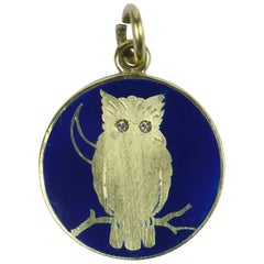 Vintage French Wise Owl Gold Enamel Diamond Charm Pendant