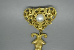 French Woloch Paris red Poured Glass byzantine filigree faux pearl drop Brooch