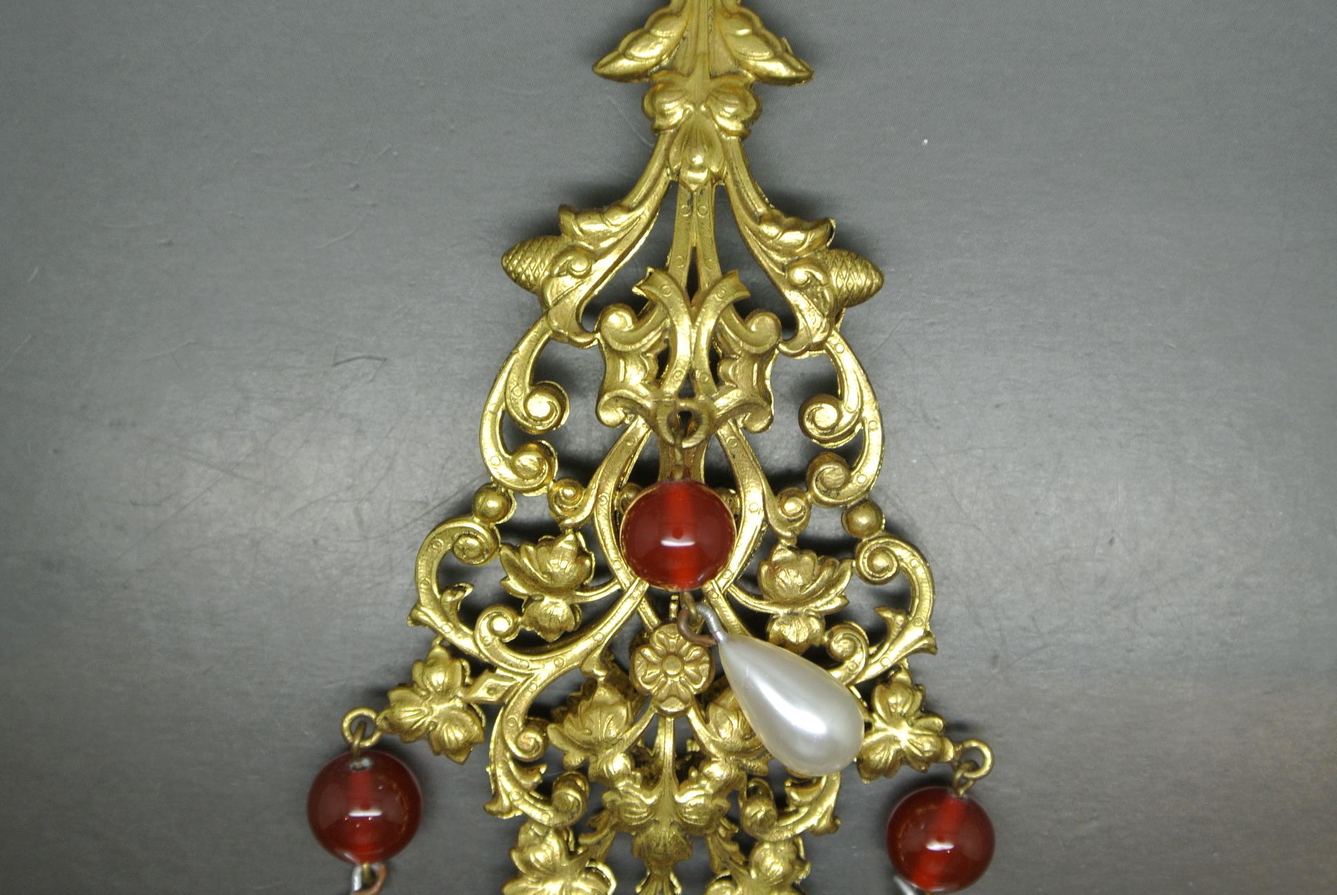 Artist French Woloch Paris red Poured Glass byzantine filigree faux pearl drop Brooch For Sale