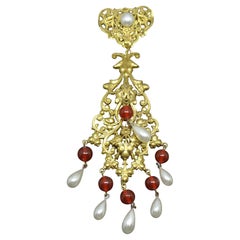 French Woloch Paris red Poured Glass byzantine filigree faux pearl drop Brooch