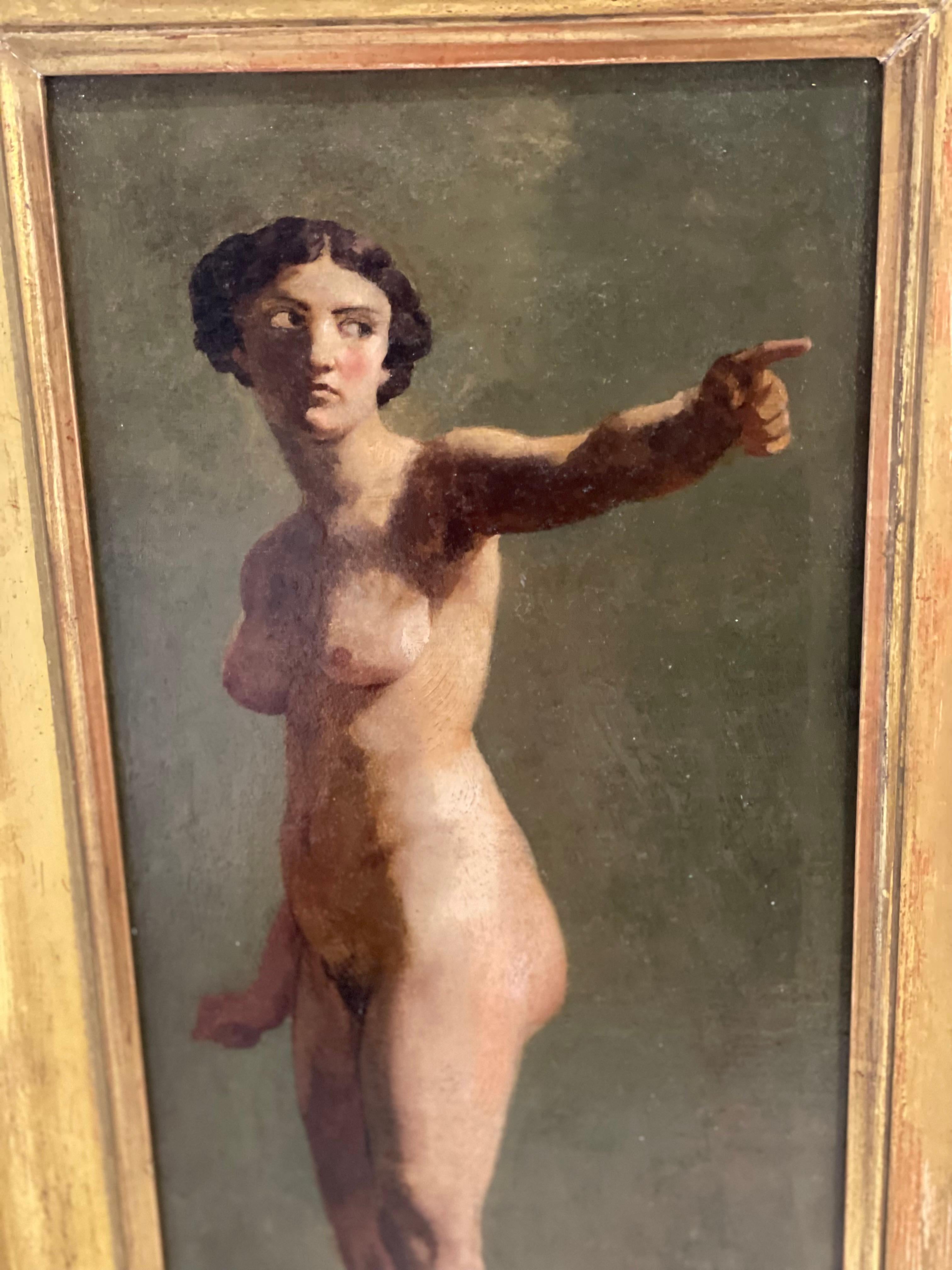 Academic painting of a nude woman showing a direction with her left arm outstretched, her gaze extends her index finger which gives movement and a particular dynamic to the painting, her pretty face is painted in the antique style, the olive green