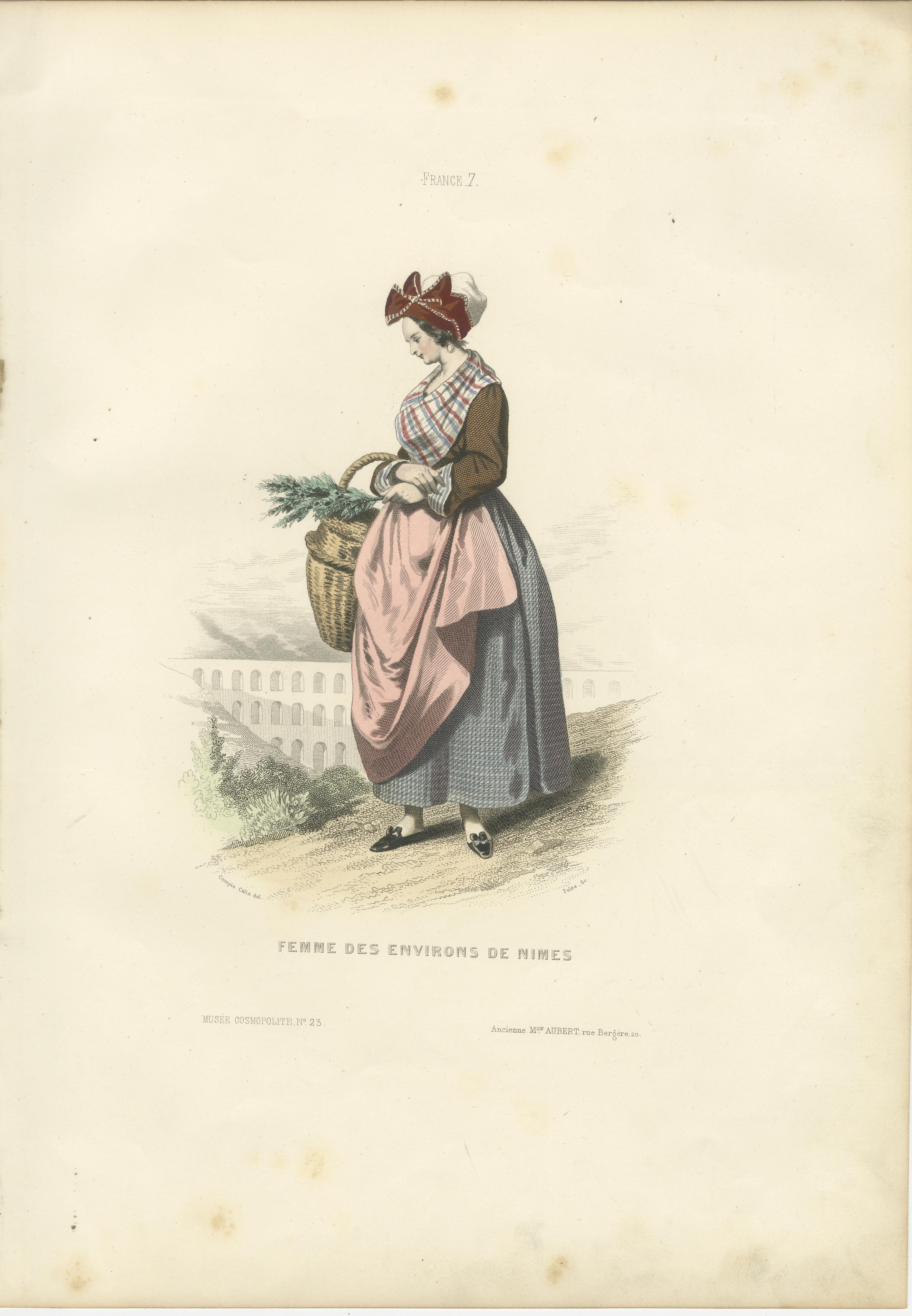 Französische Frau Druck Nîmes Region 1853 von Compte-Calix - Handkolorierte Lithographie

Dieser elegante antike Druck zeigt eine Frau aus der Umgebung von Nîmes in Südfrankreich. Es wurde von François Claudius Compte-Calix entworfen und 1853 in